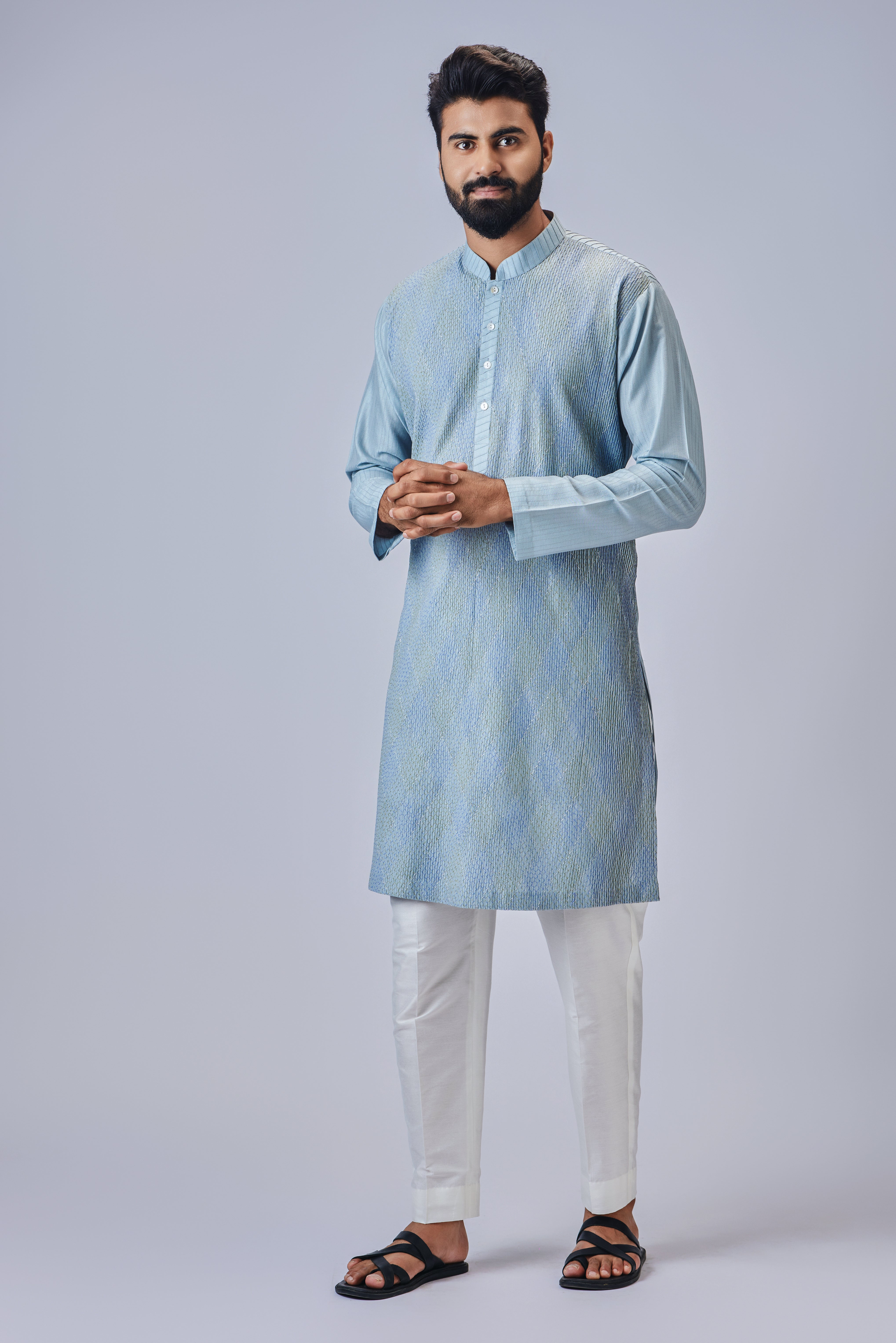 Light Blue Kurta Set With Multicolor Thread
