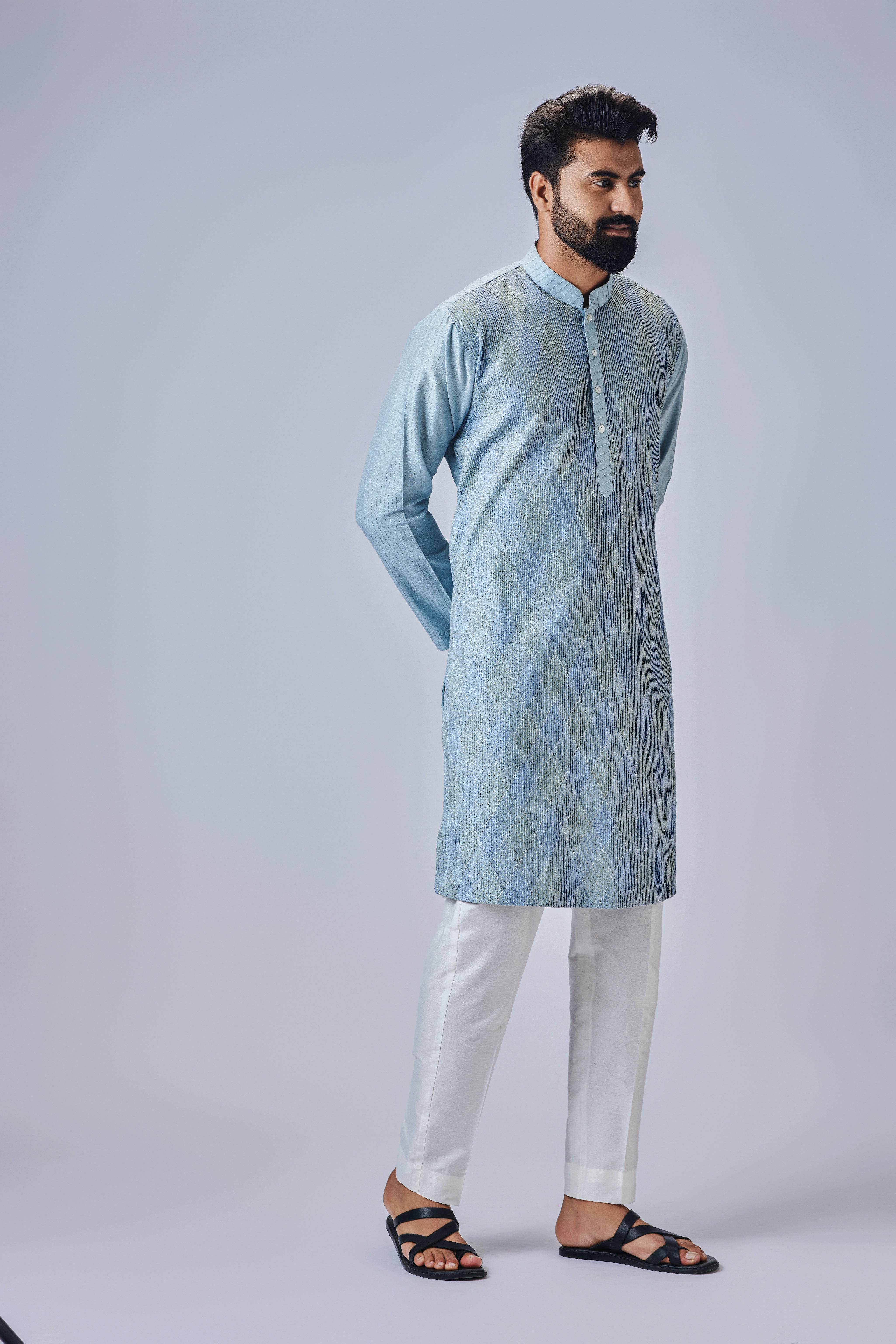 Light Blue Kurta Set With Multicolor Thread