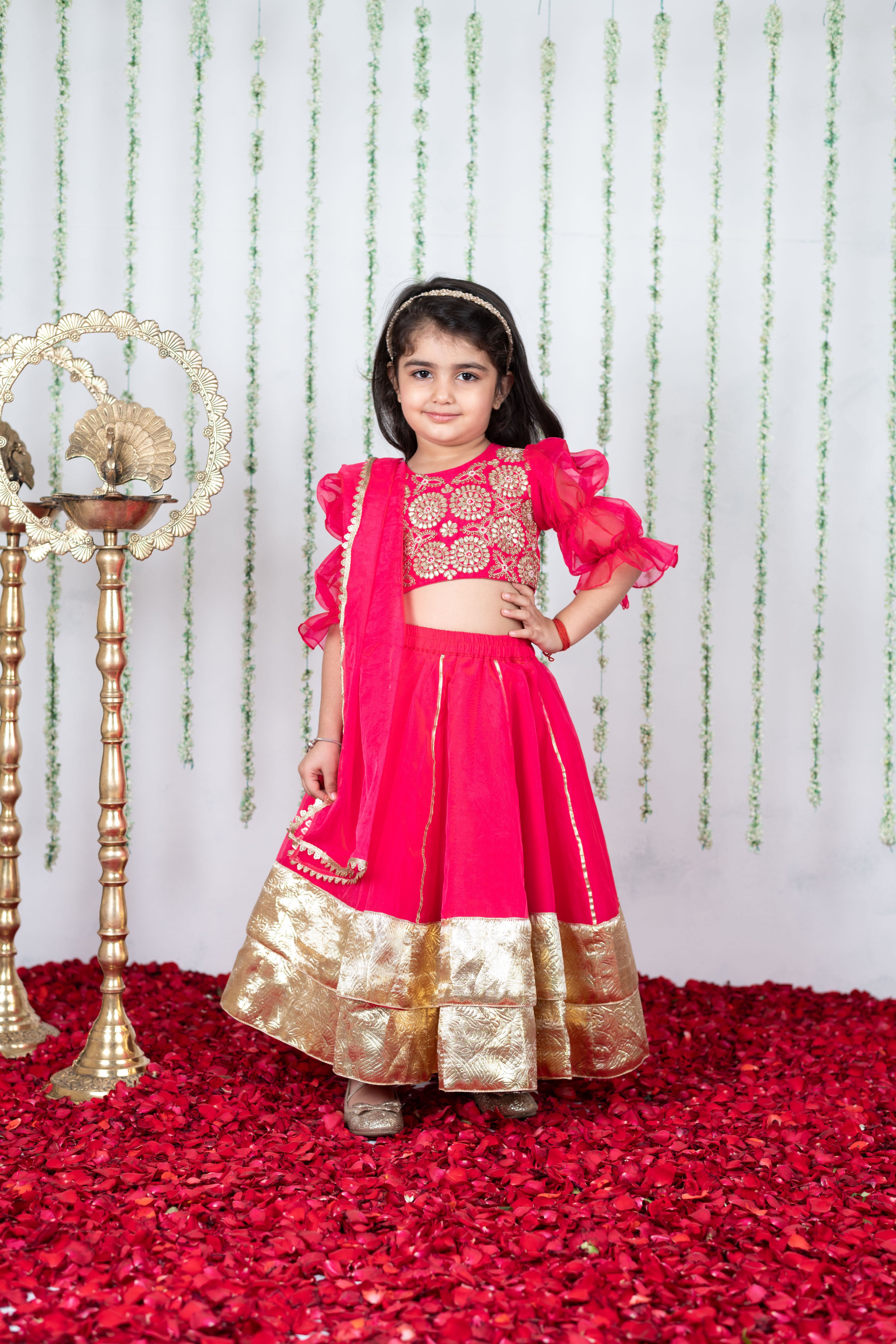 Pink Gota Embroidered Blouse with Double Layered Ghaghra