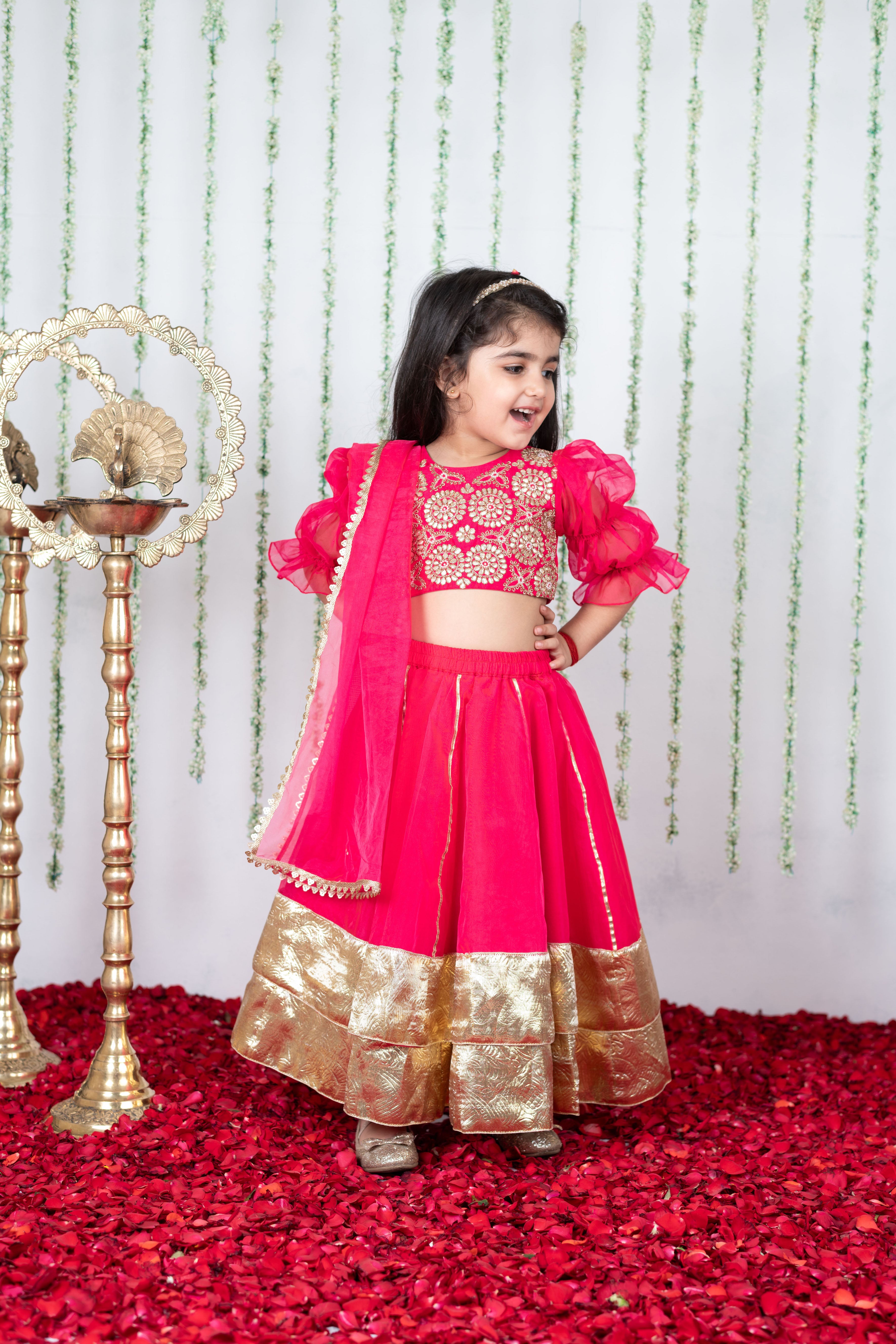 Pink Gota Embroidered Blouse with Double Layered Ghaghra