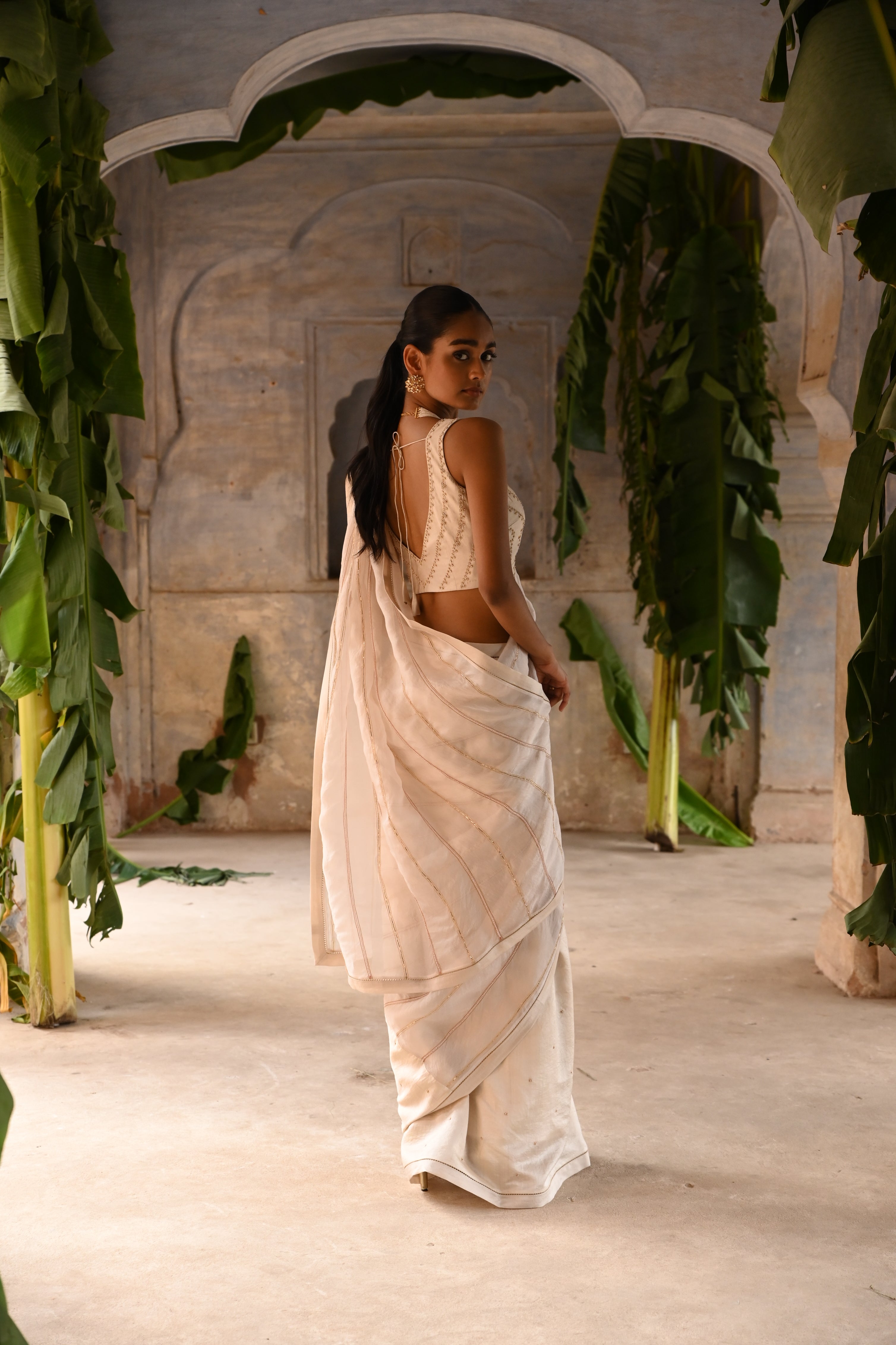 Ivory half organza and half silk Saree with blouse