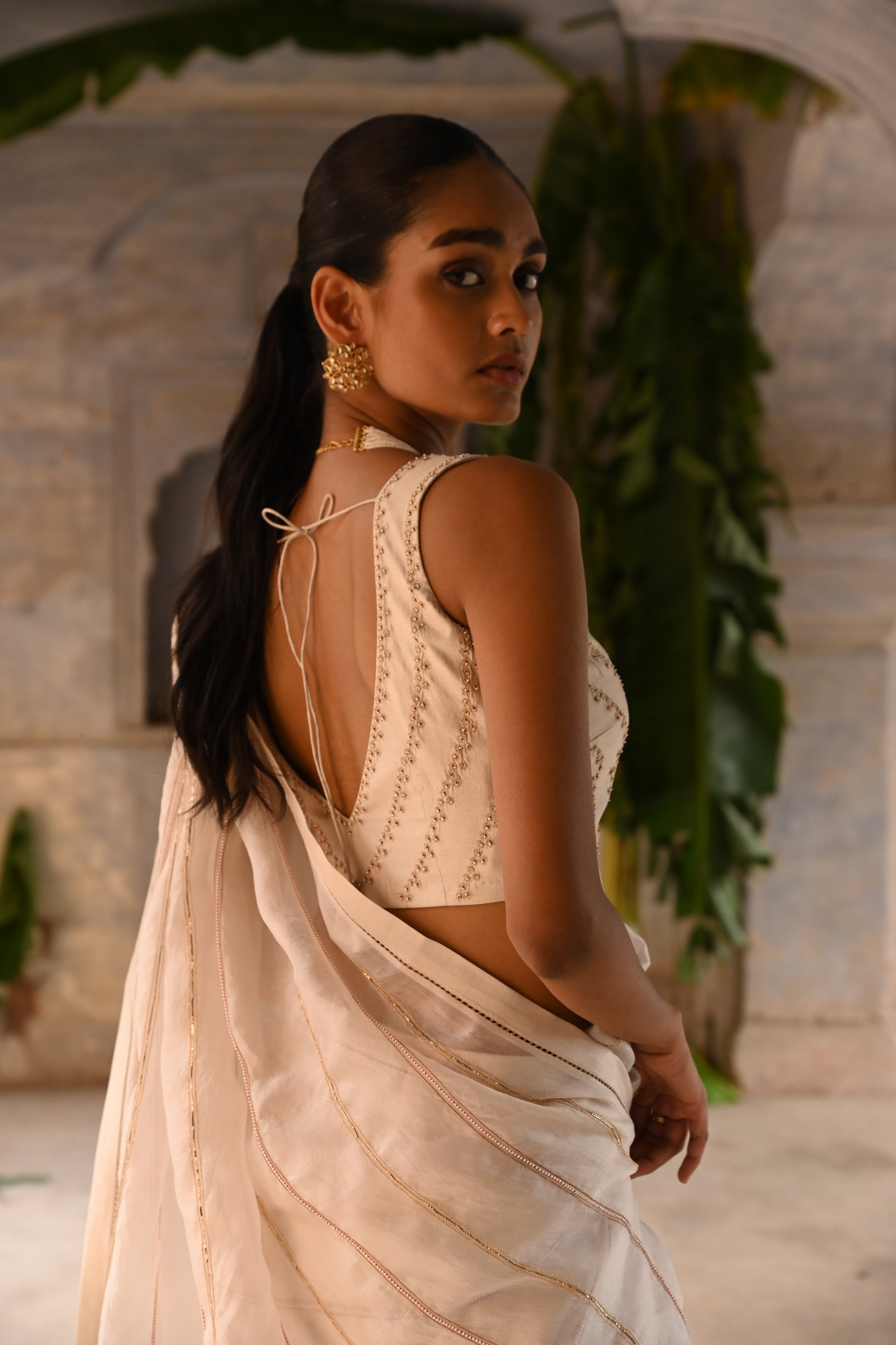 Ivory half organza and half silk Saree with blouse