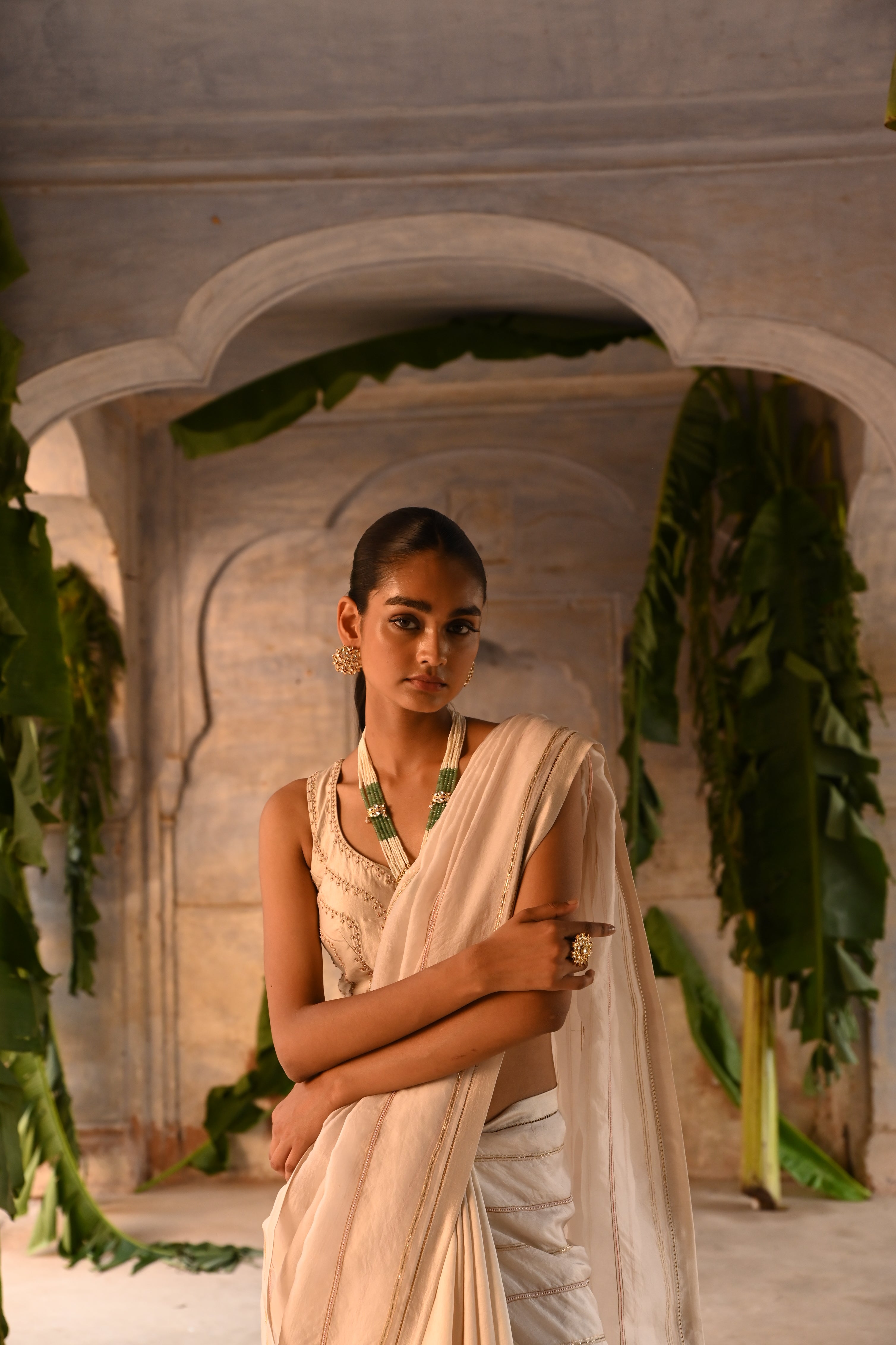 Ivory half organza and half silk Saree with blouse