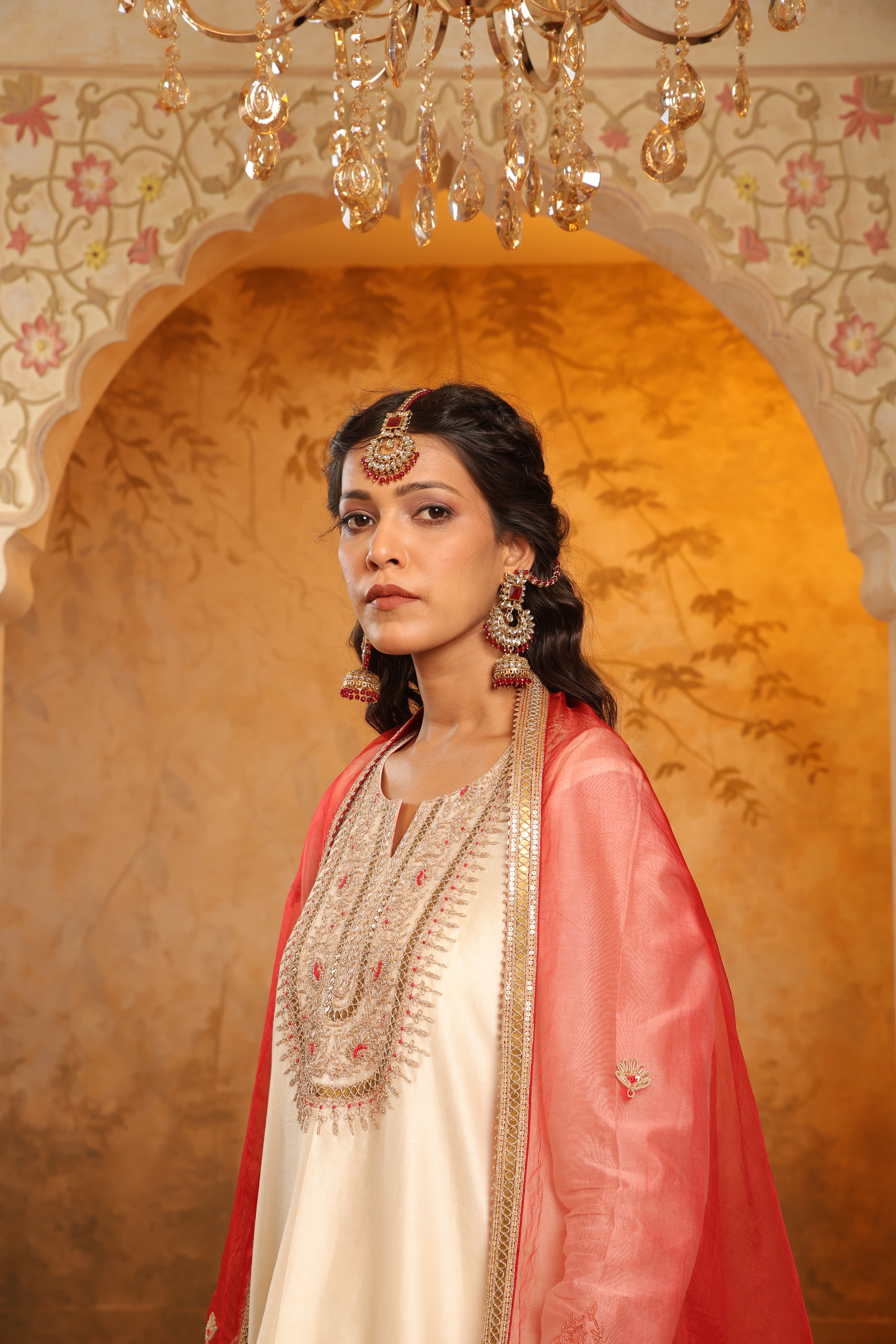 Elegant Ivory and Red Embroidered sharara Set