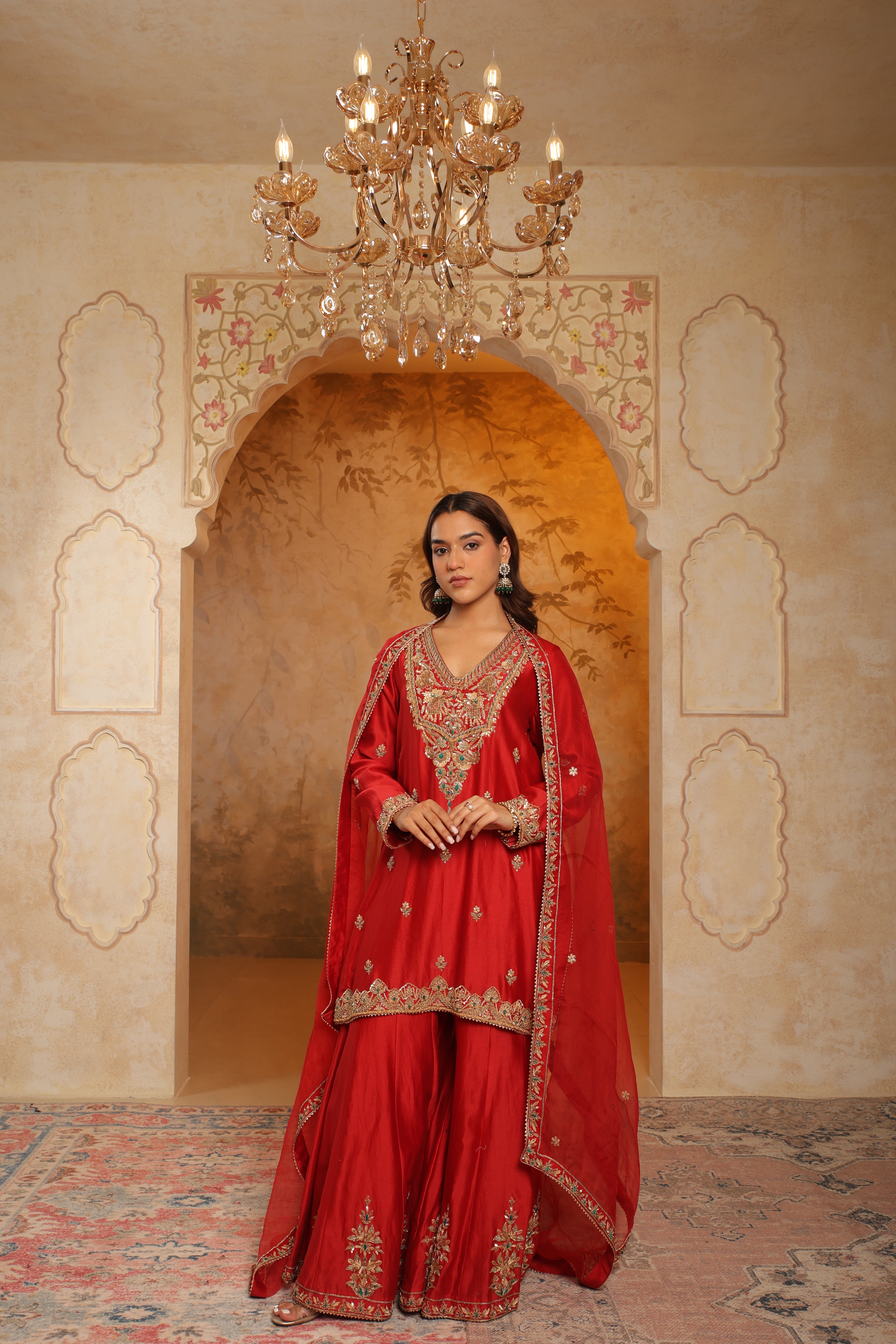 Regal Red Embroidered Sharara Set