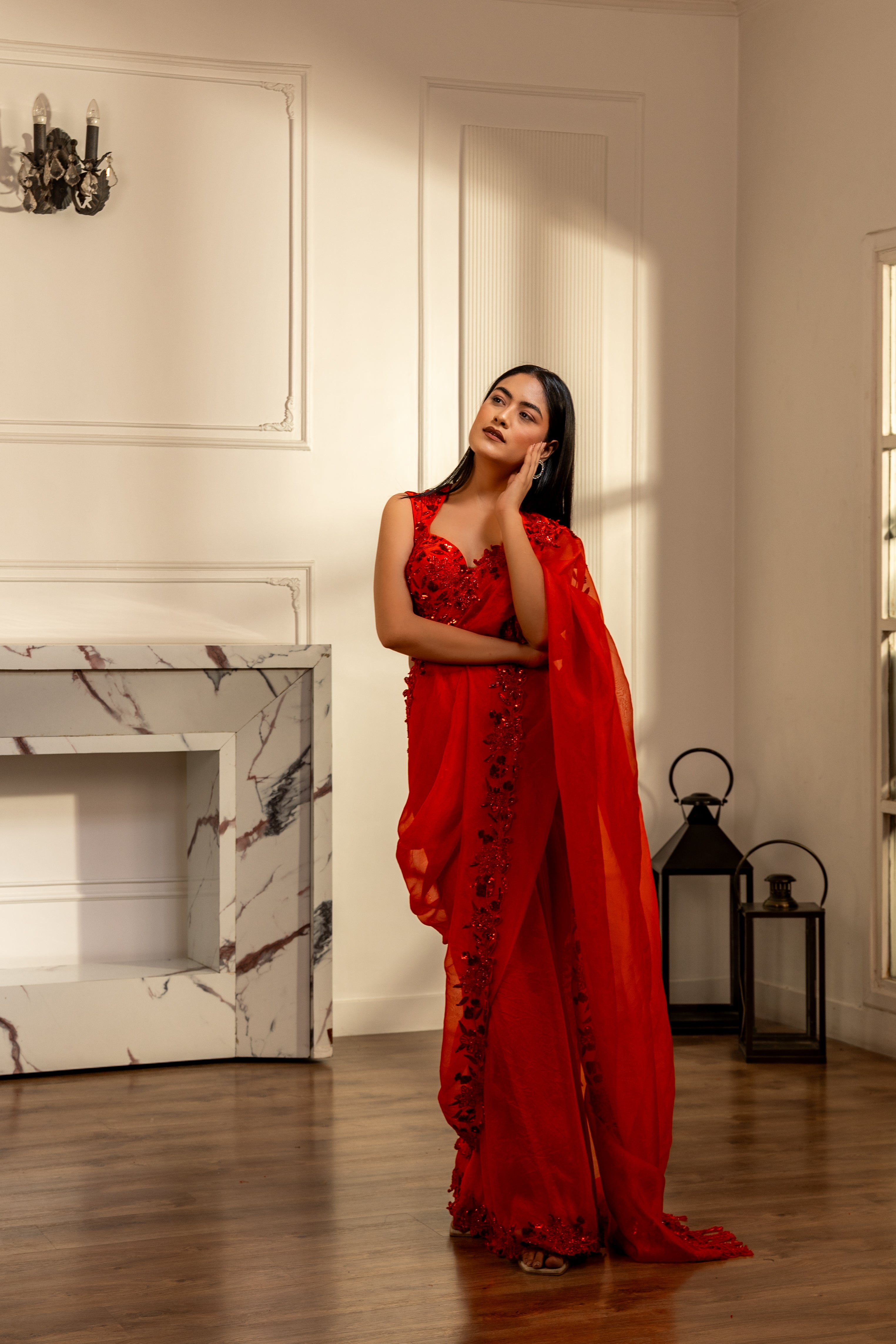 Crimson Cascade Saree