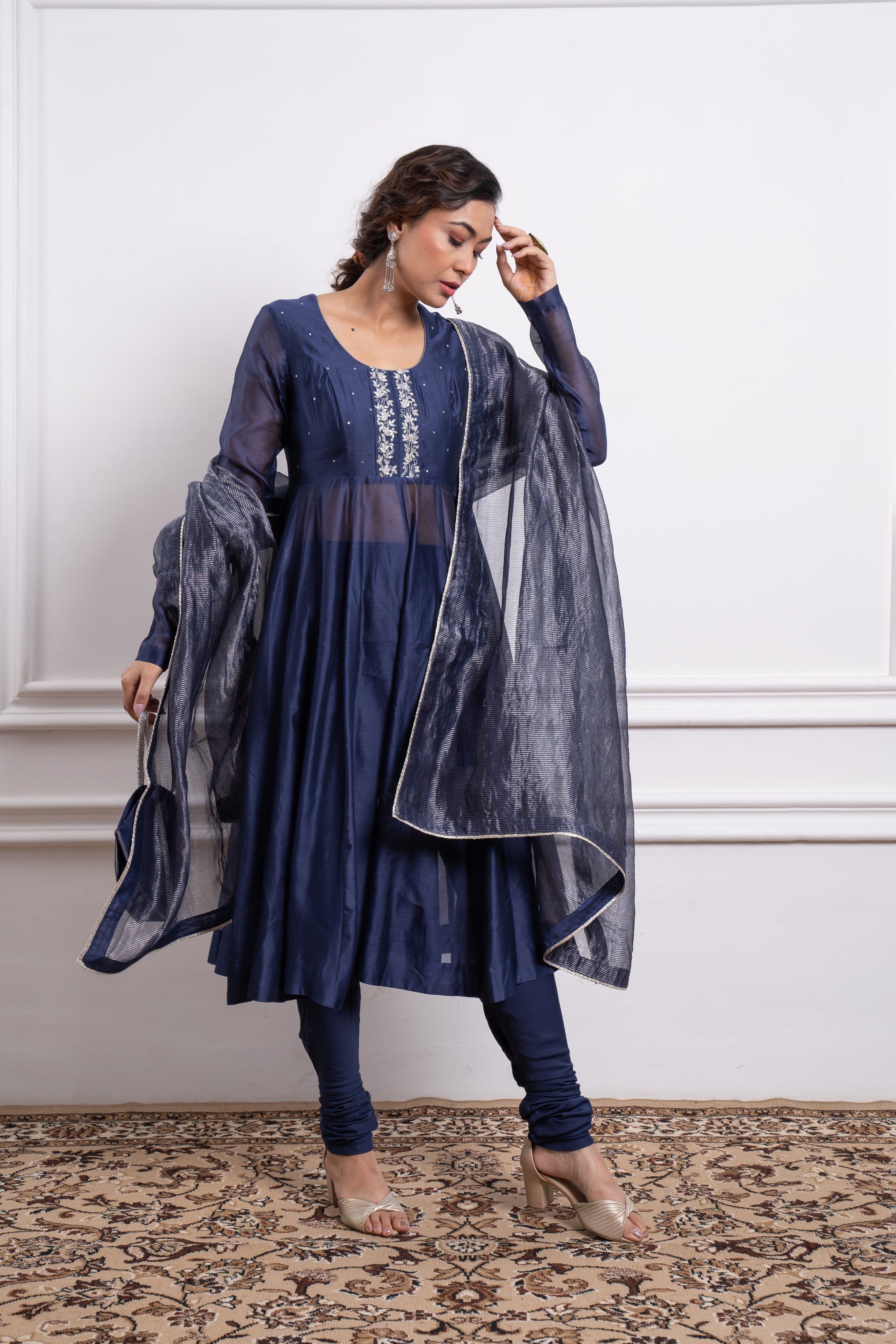Embroidered Blue Chanderi Anarkali Kurta Set with Silver Zari Stripe Dupatta