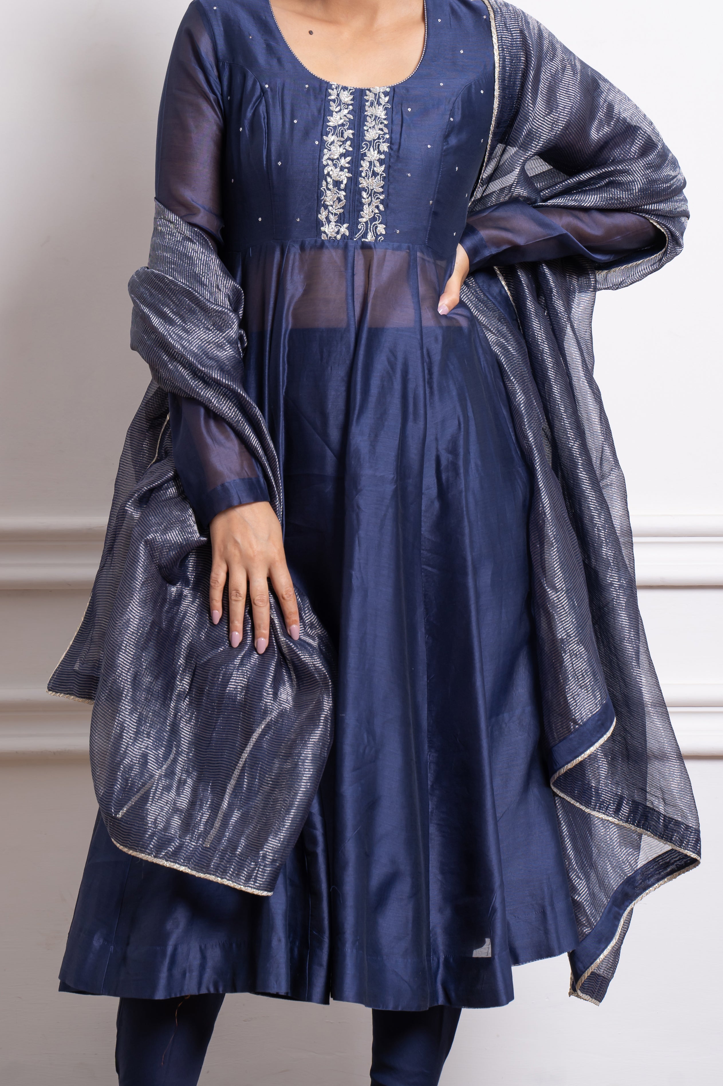 Embroidered Blue Chanderi Anarkali Kurta Set with Silver Zari Stripe Dupatta