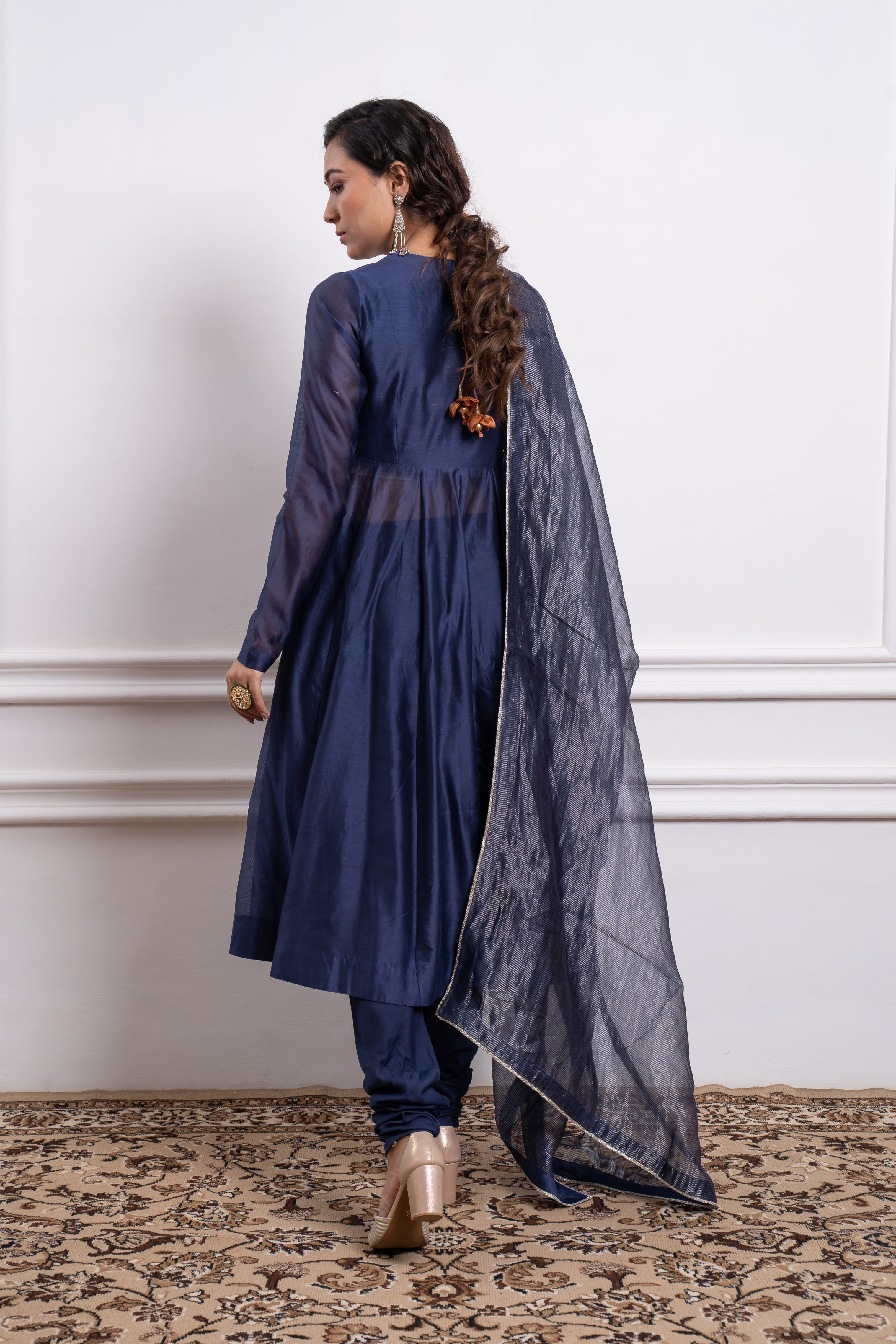 Embroidered Blue Chanderi Anarkali Kurta Set with Silver Zari Stripe Dupatta