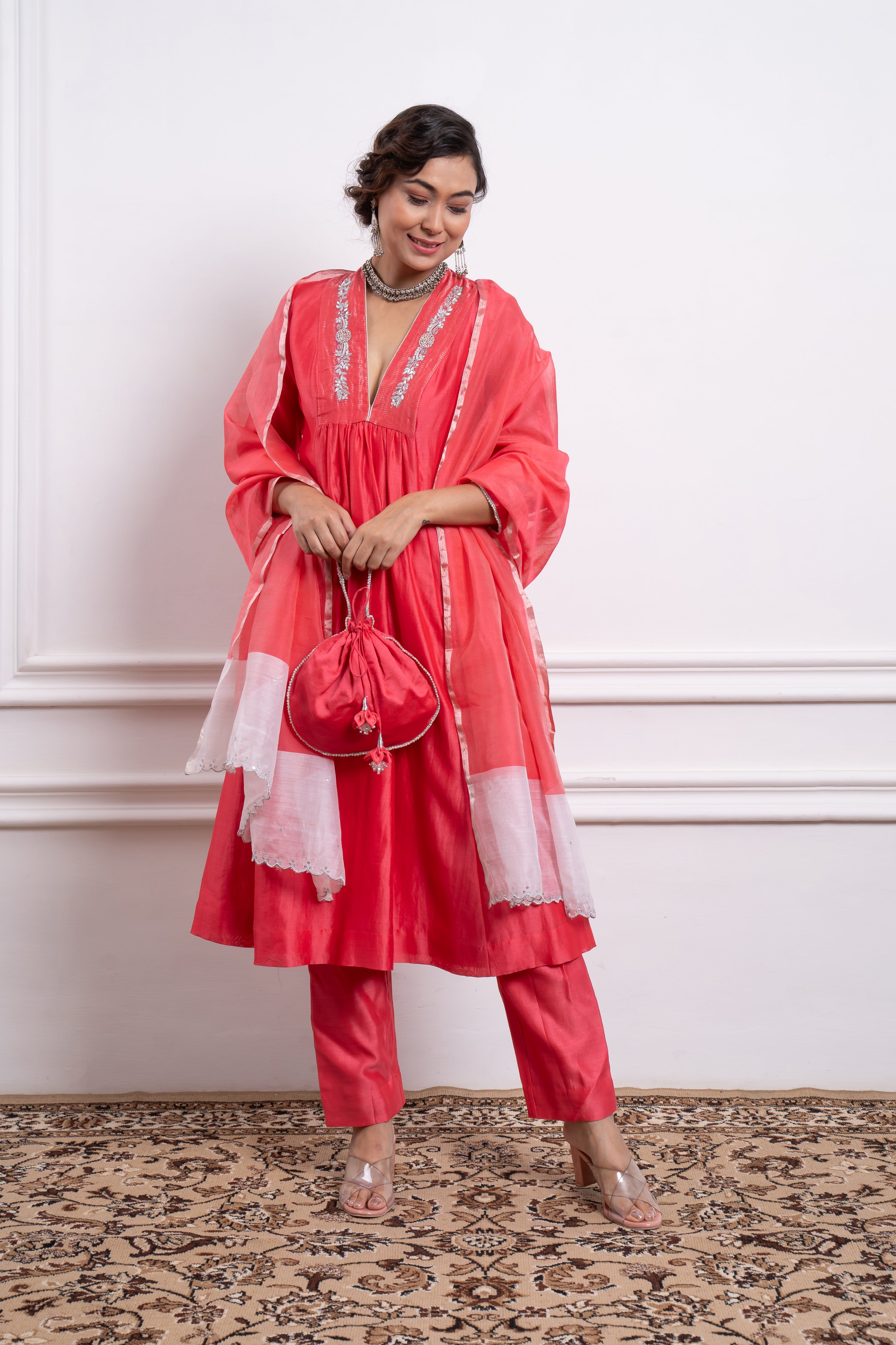 Embroidered Pink Chanderi Kurta & Pants  with Dupatta
