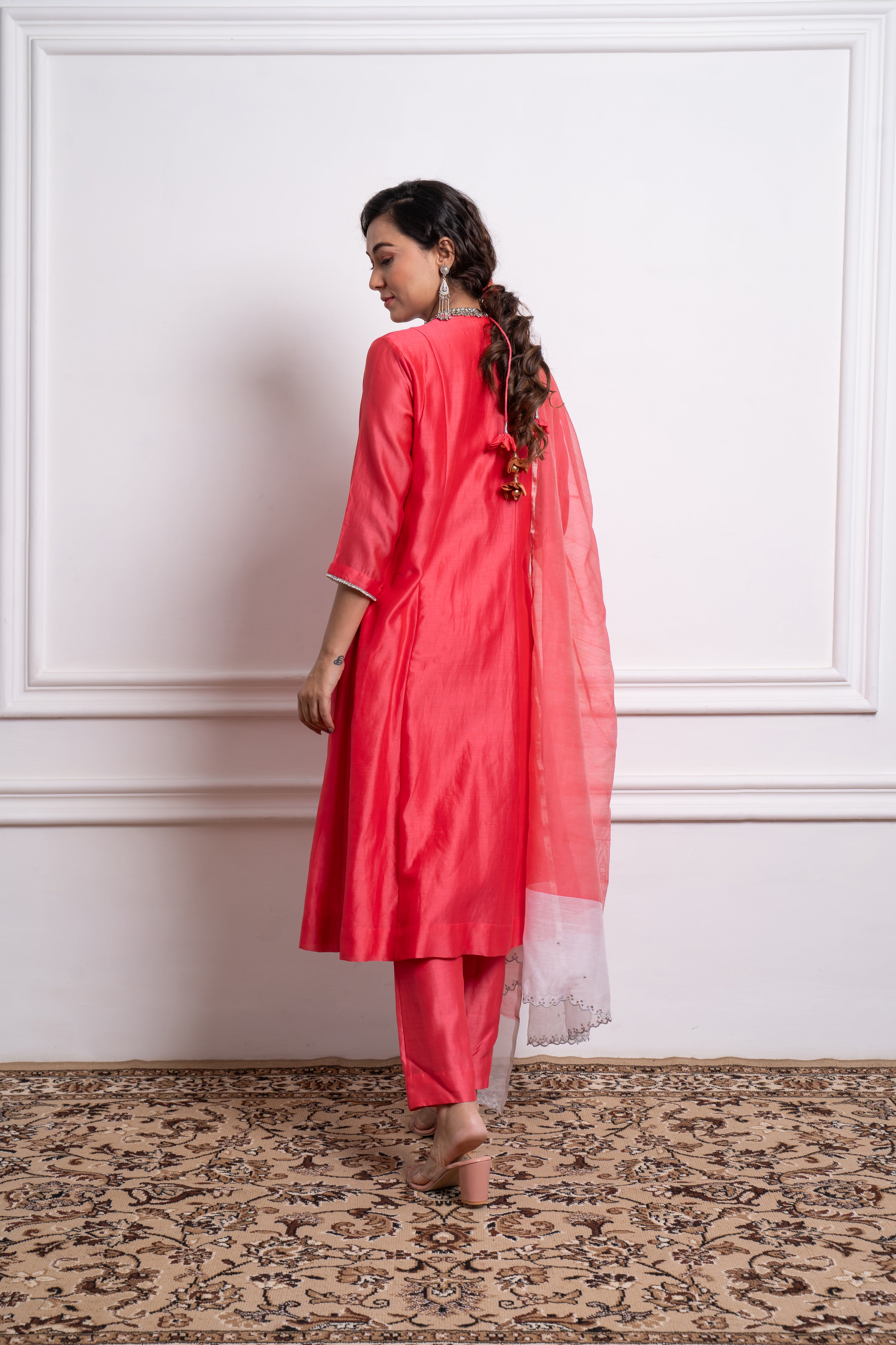 Embroidered Pink Chanderi Kurta & Pants  with Dupatta