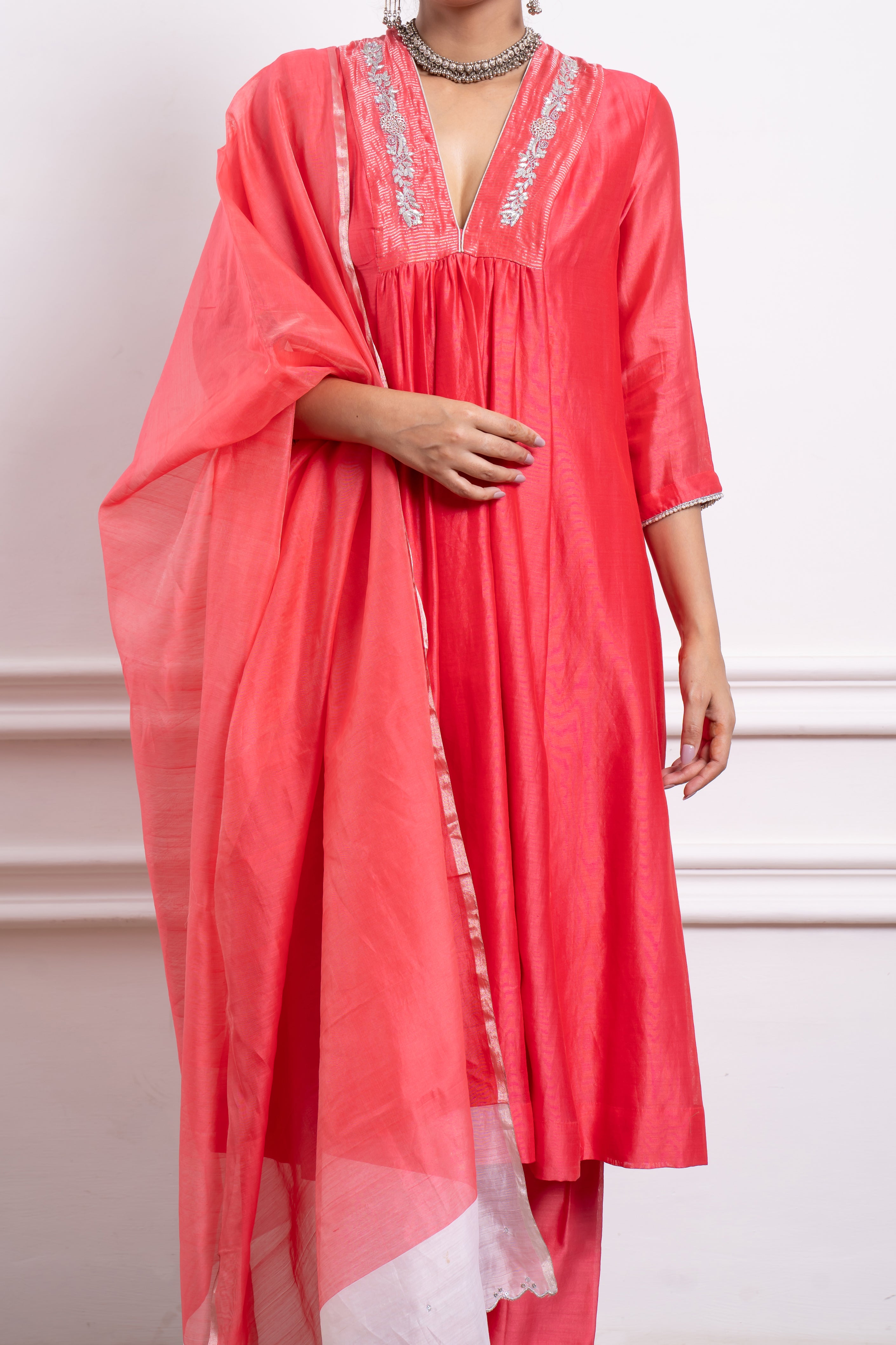 Embroidered Pink Chanderi Kurta & Pants  with Dupatta