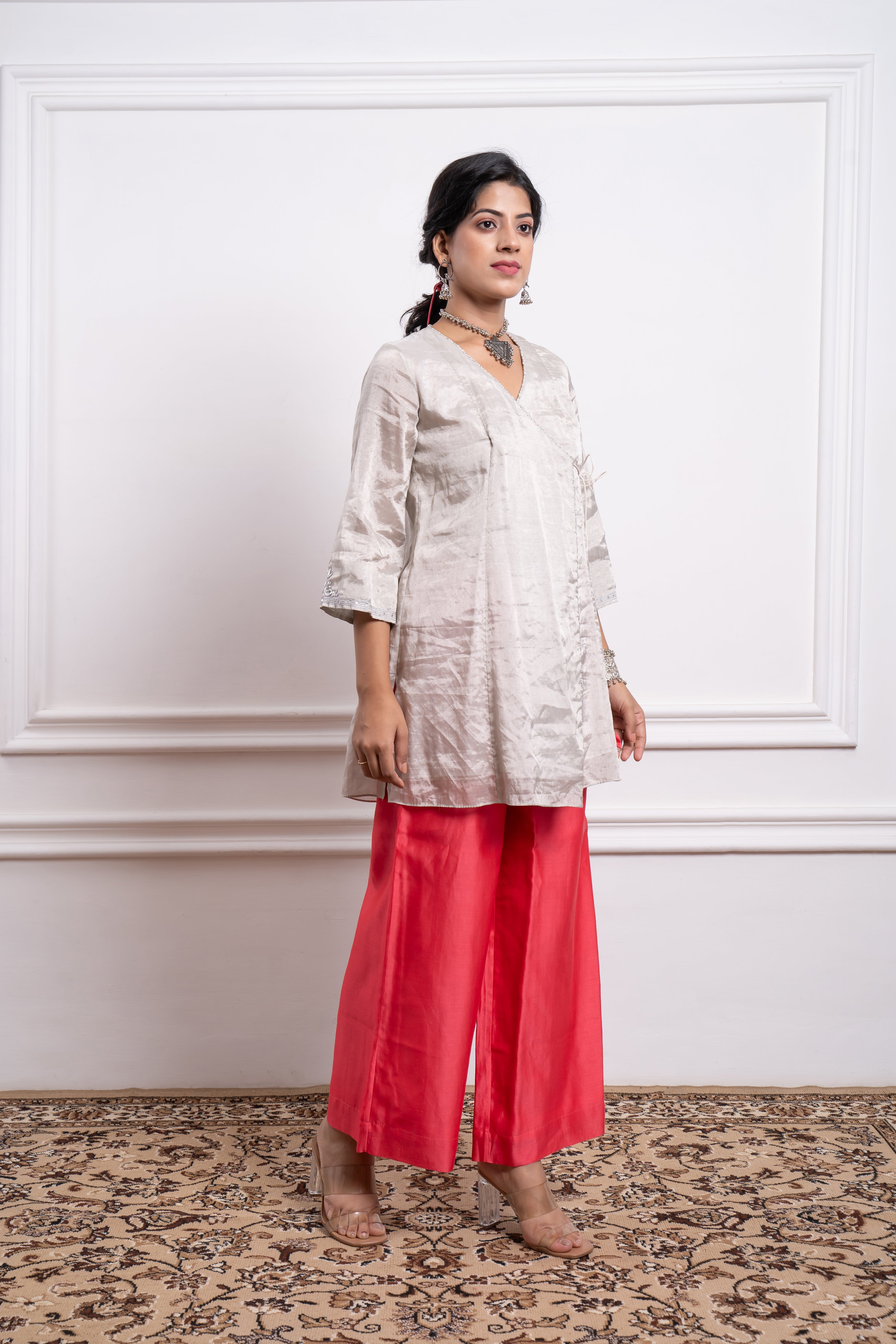 Embroidered Zari Wrap Kurta with Pink Chanderi Palazzo & Dupatta