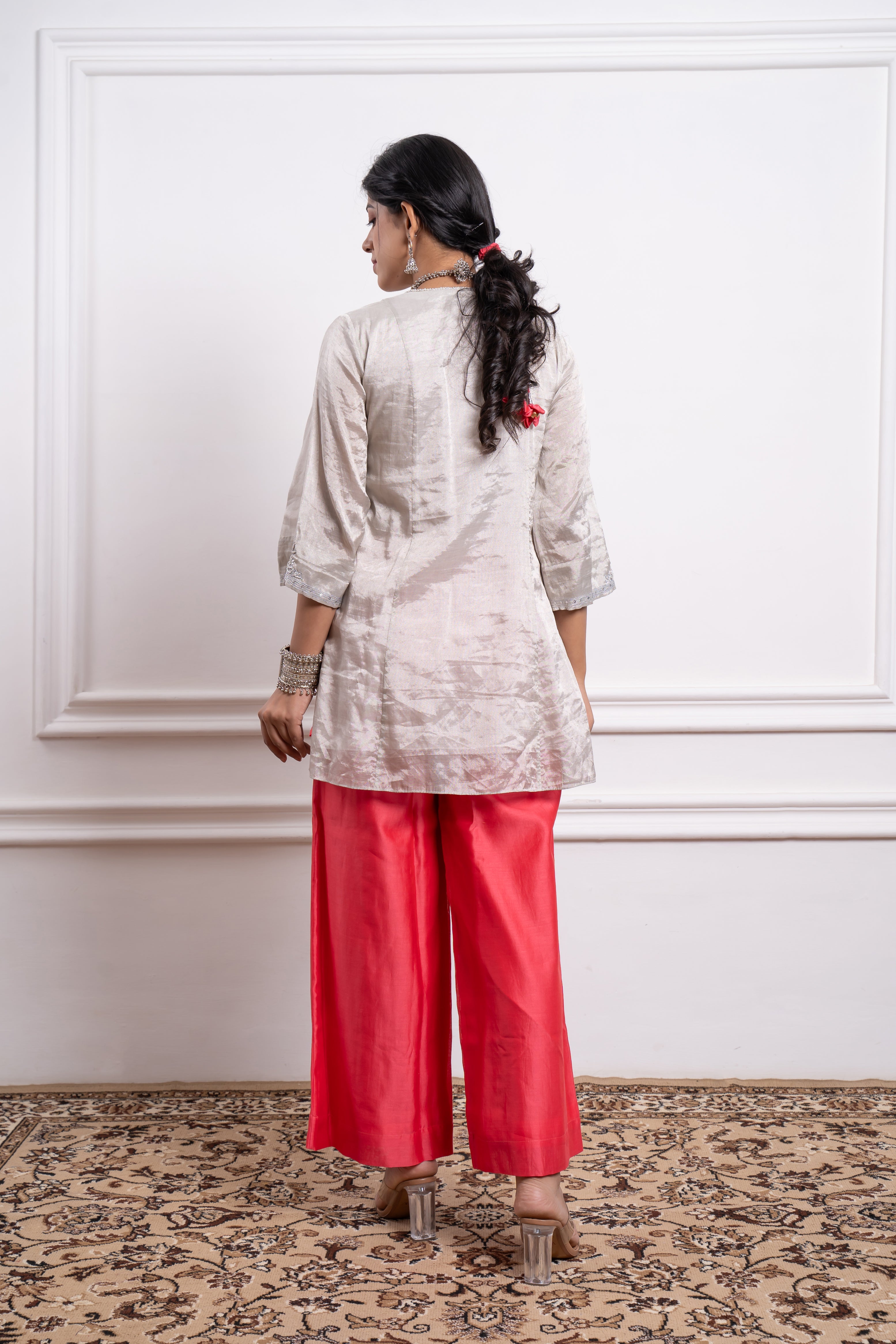 Embroidered Zari Wrap Kurta with Pink Chanderi Palazzo & Dupatta