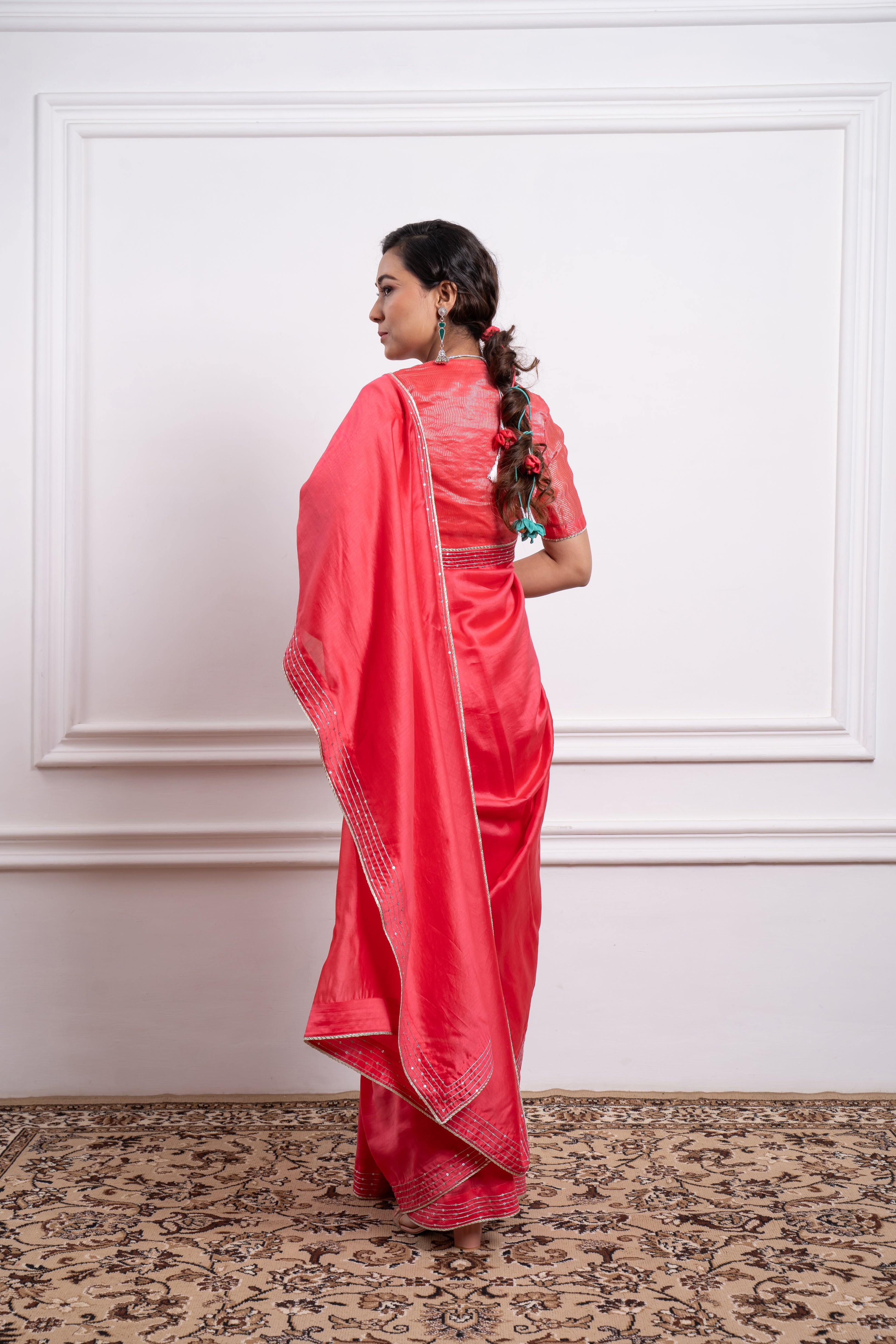 Embroidered Pink Chanderi Saree with Zari Stiped Blouse
