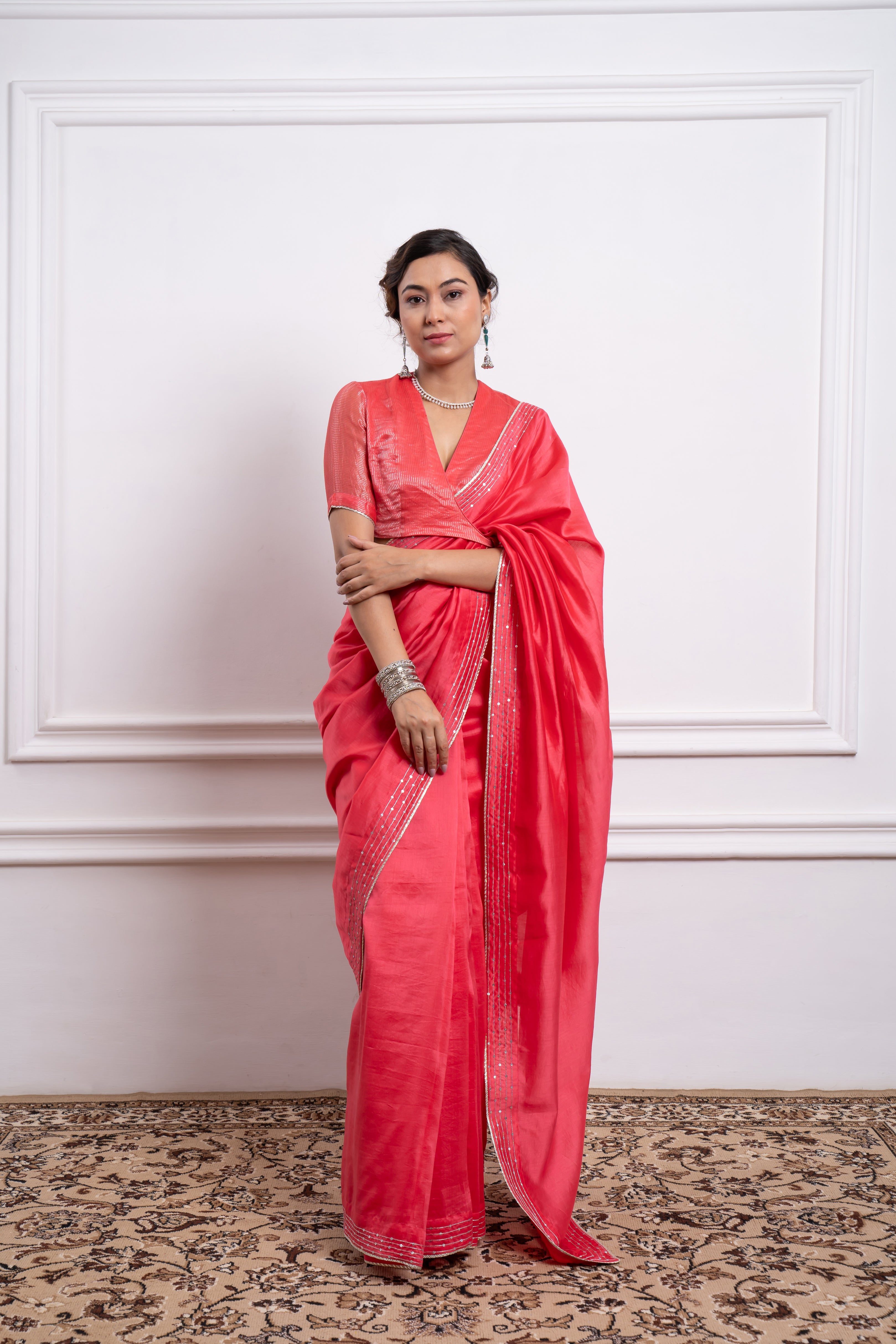 Embroidered Pink Chanderi Saree with Zari Stiped Blouse