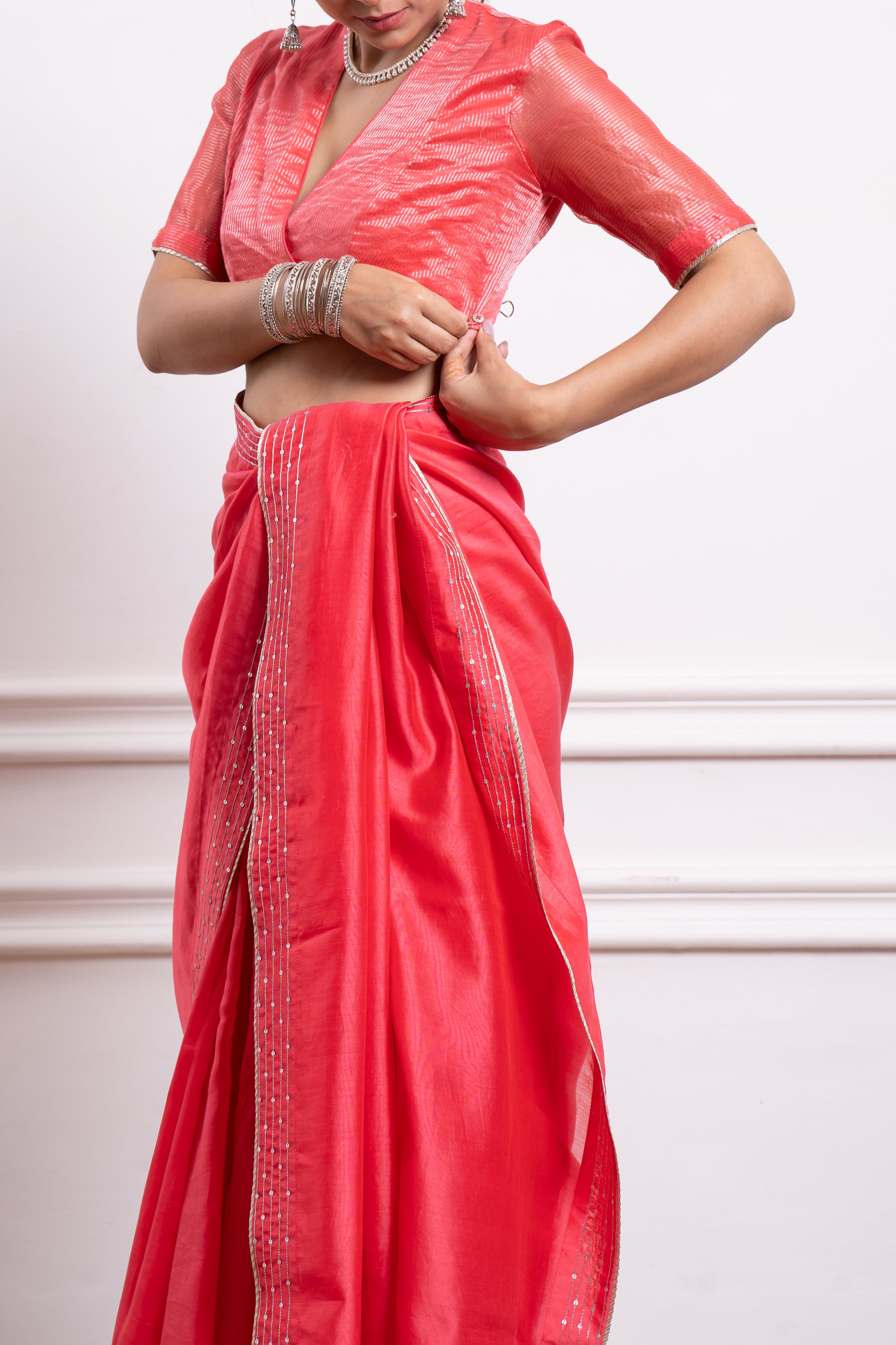 Embroidered Pink Chanderi Saree with Zari Stiped Blouse