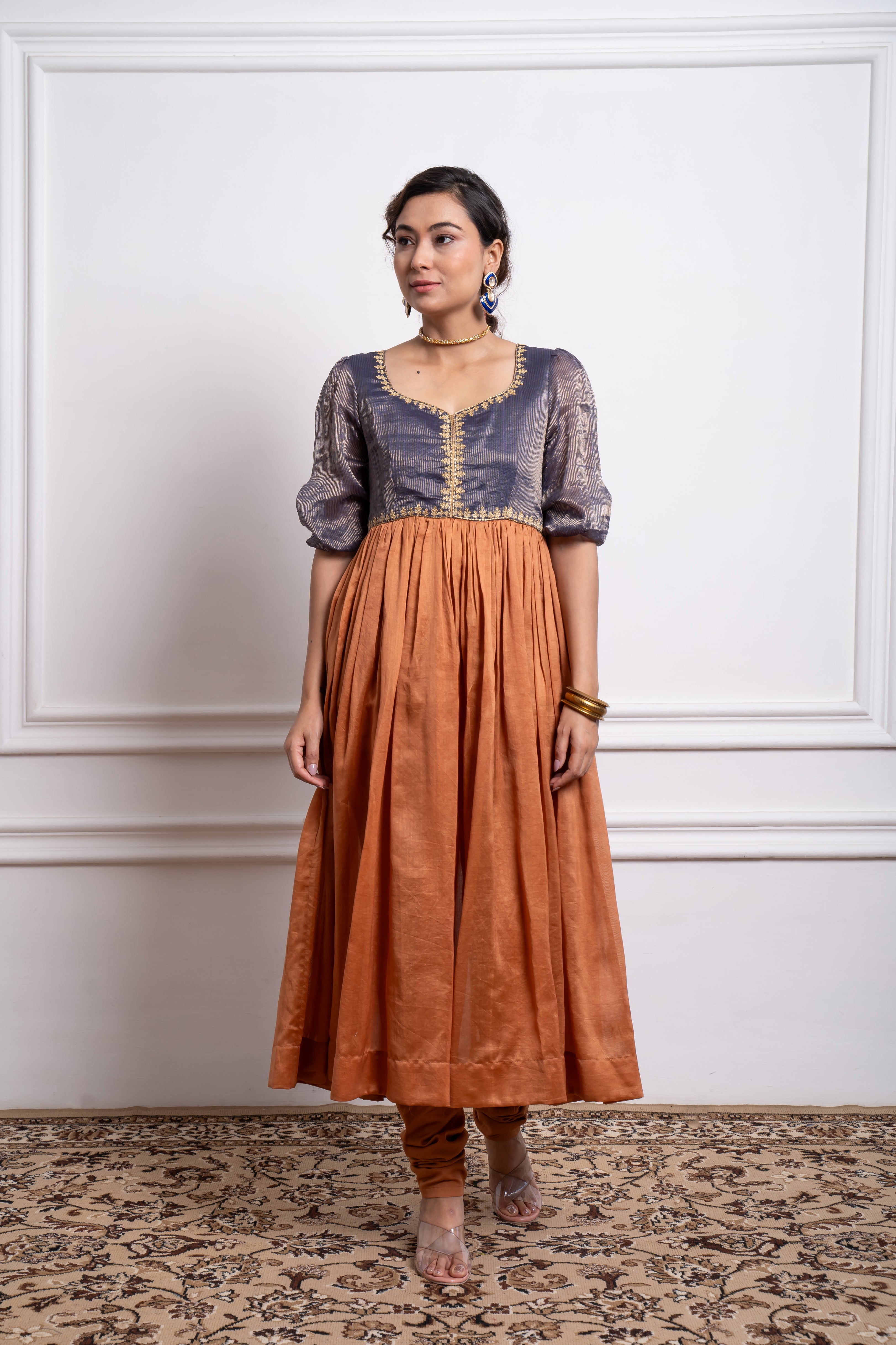 Blue & Saffron Brown Embroidered Anarkali with Dupatta