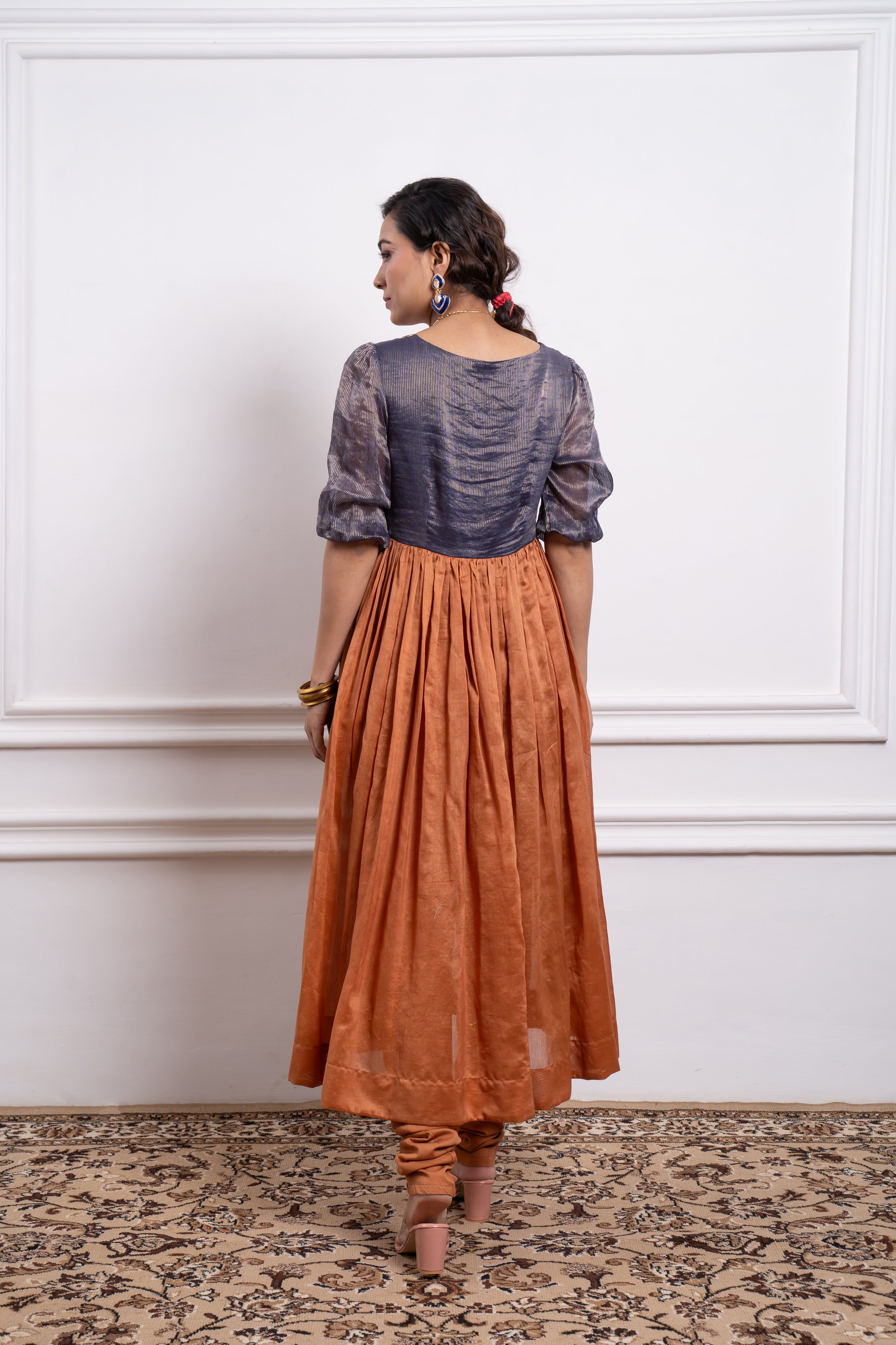Blue & Saffron Brown Embroidered Anarkali with Dupatta