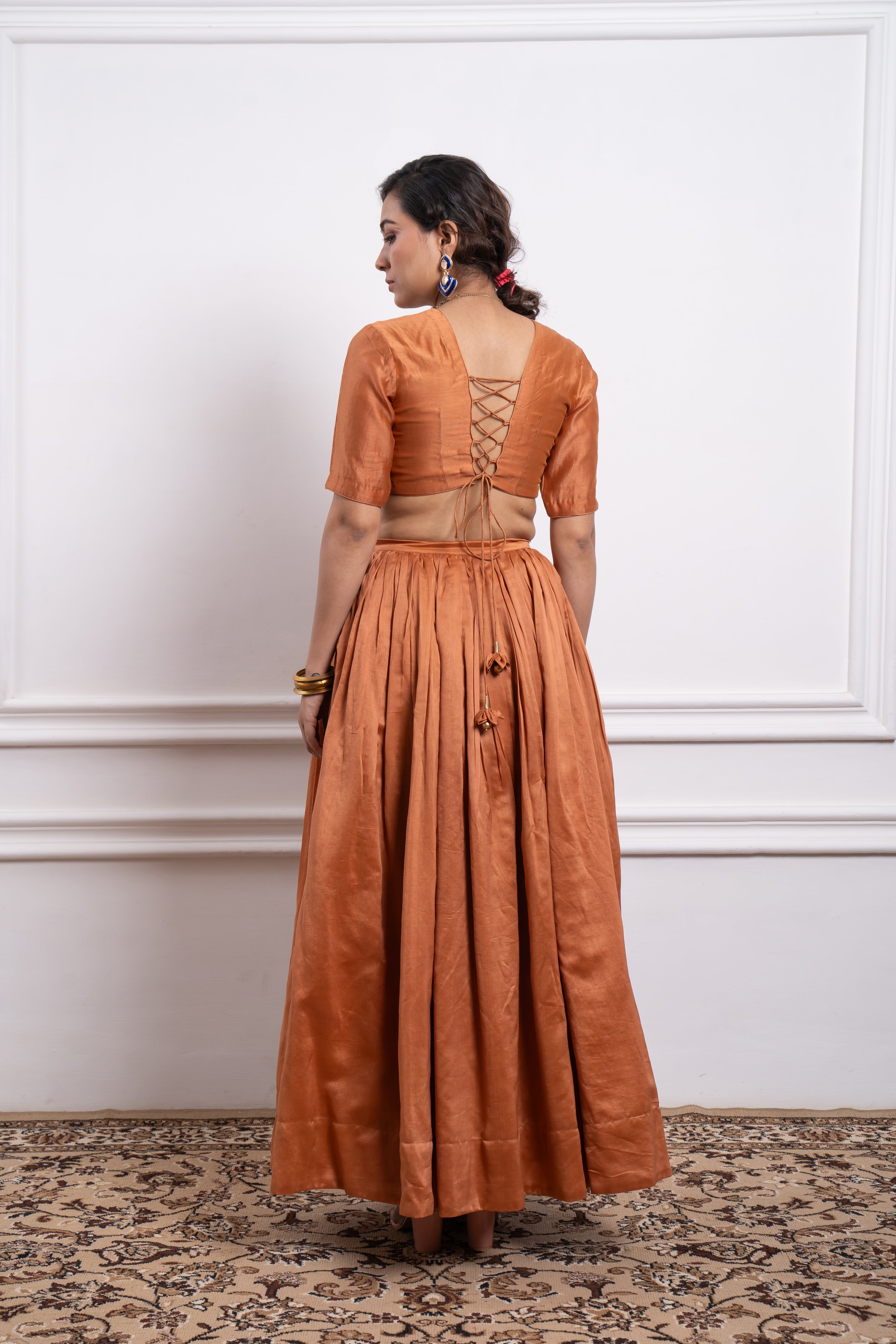 Chanderi Skirt Set in Saffron Brown, and  Zari Striped Dupatta with Lace Border