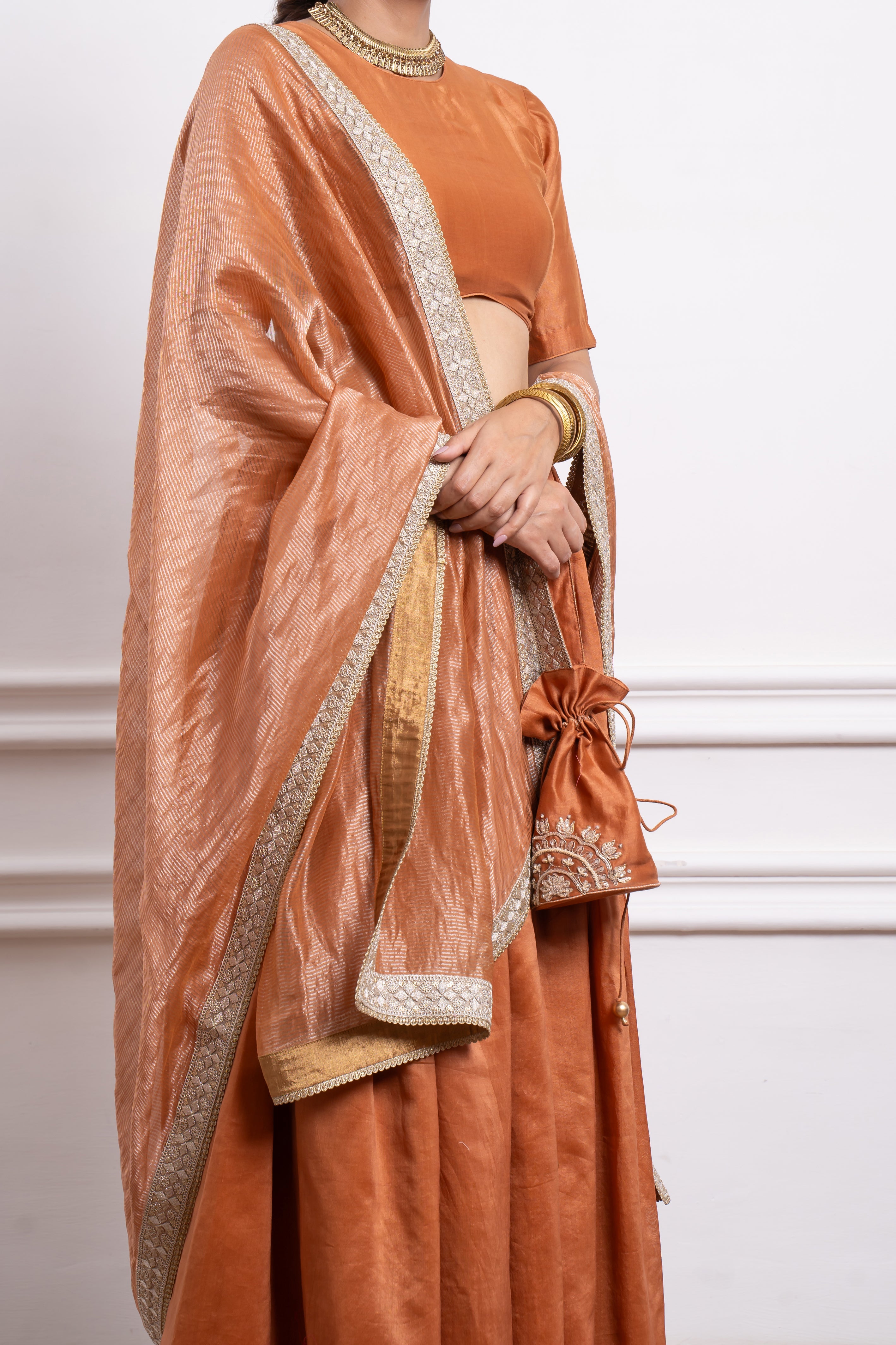 Chanderi Skirt Set in Saffron Brown, and  Zari Striped Dupatta with Lace Border