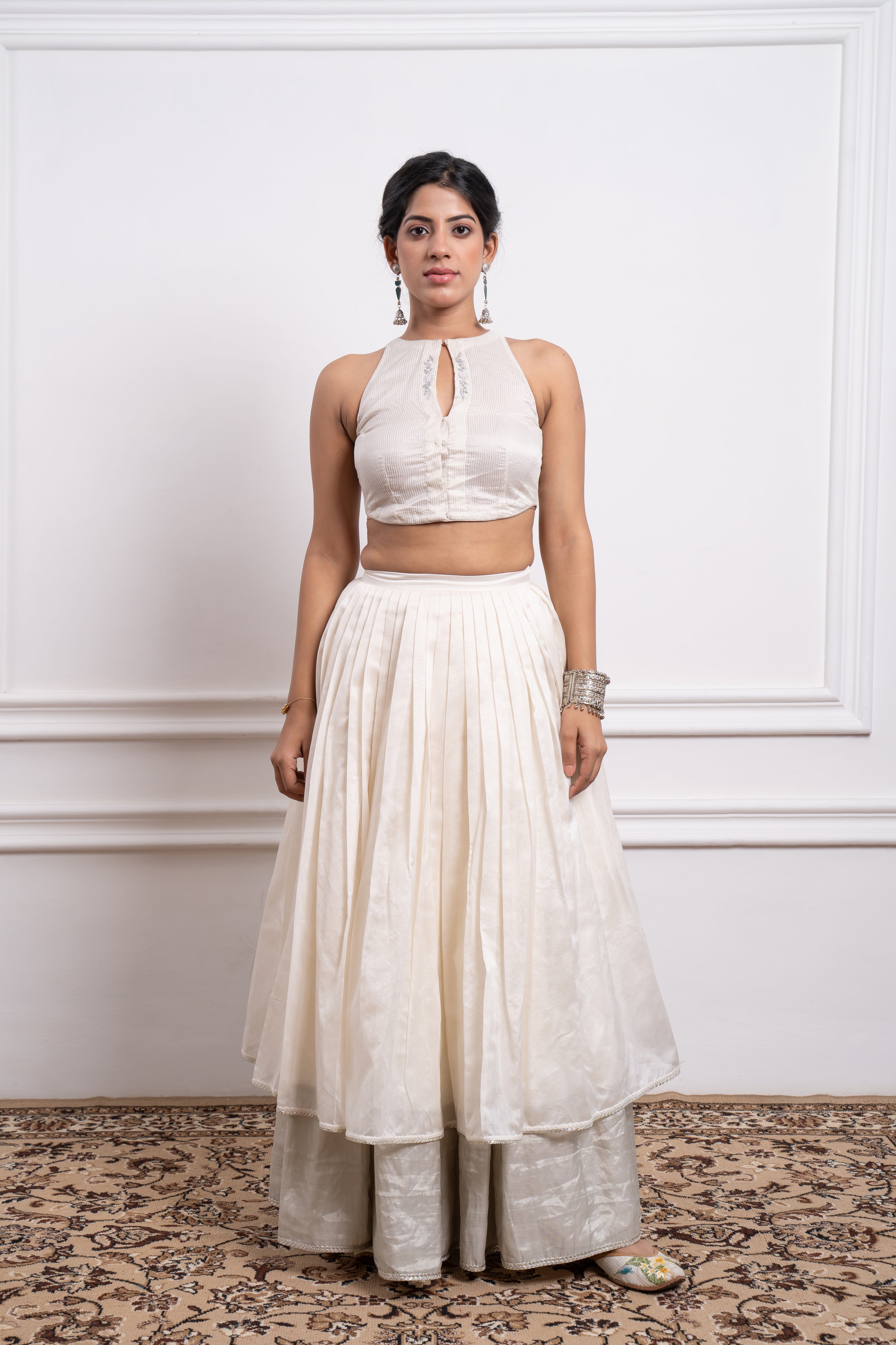 Ivory & Silver Zari Layerd Skirt, Blouse & Pink Chanderi Dupatta