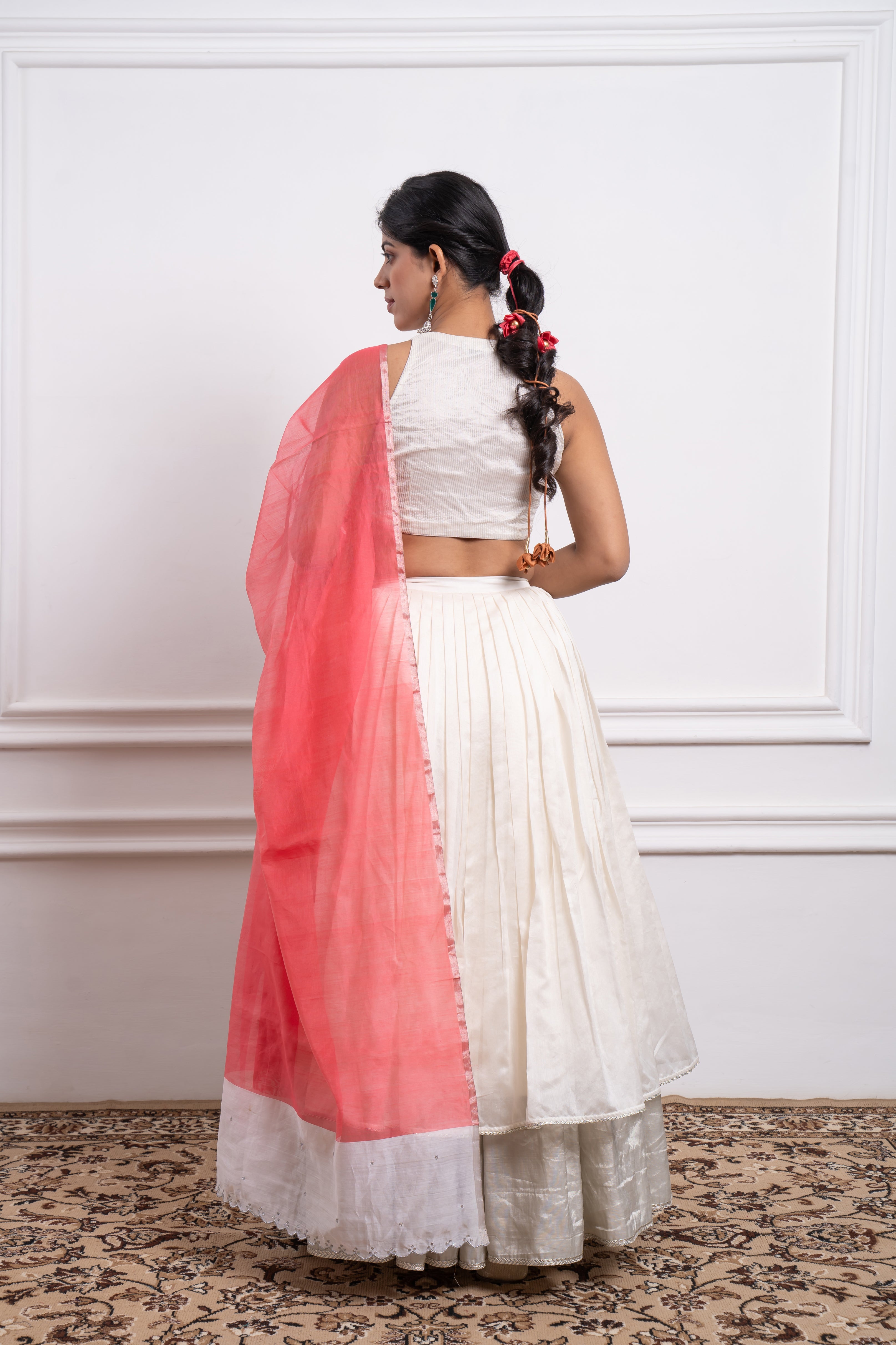 Ivory & Silver Zari Layerd Skirt, Blouse & Pink Chanderi Dupatta
