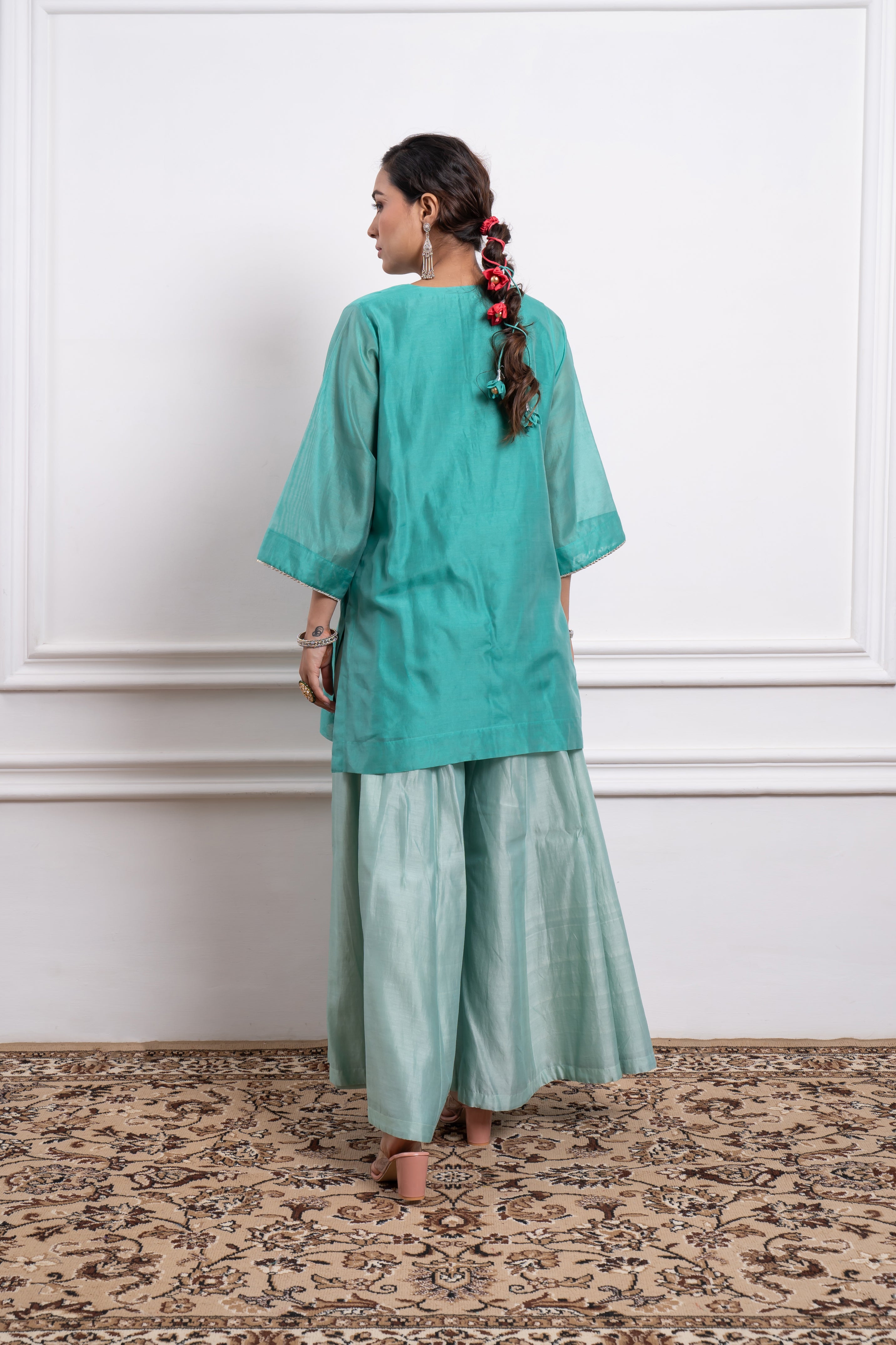 Aqua Short Kurta with Mint Flare Palazzo & Dupatta in Chanderi Handloom