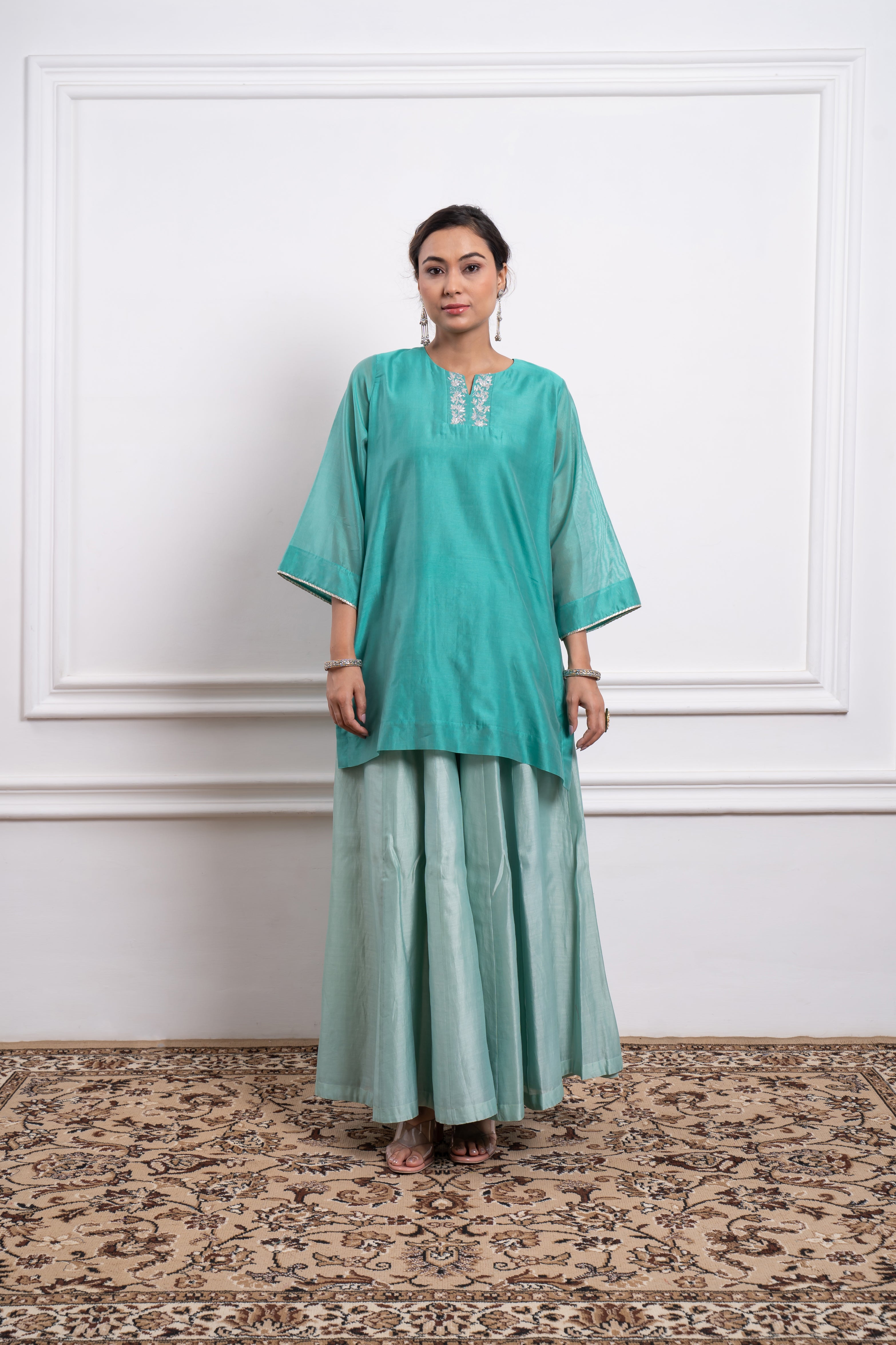 Aqua Short Kurta with Mint Flare Palazzo & Dupatta in Chanderi Handloom