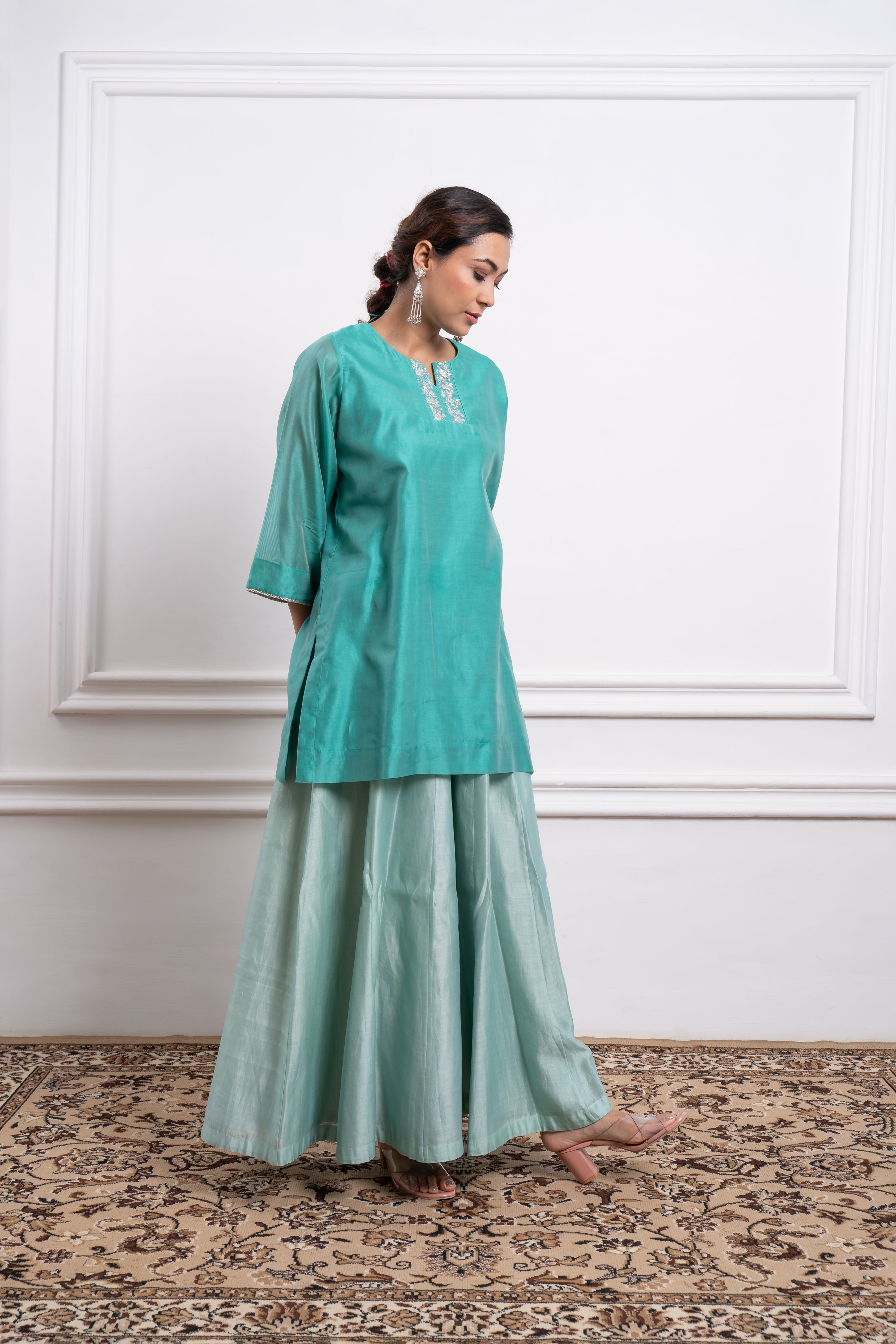 Aqua Short Kurta with Mint Flare Palazzo & Dupatta in Chanderi Handloom