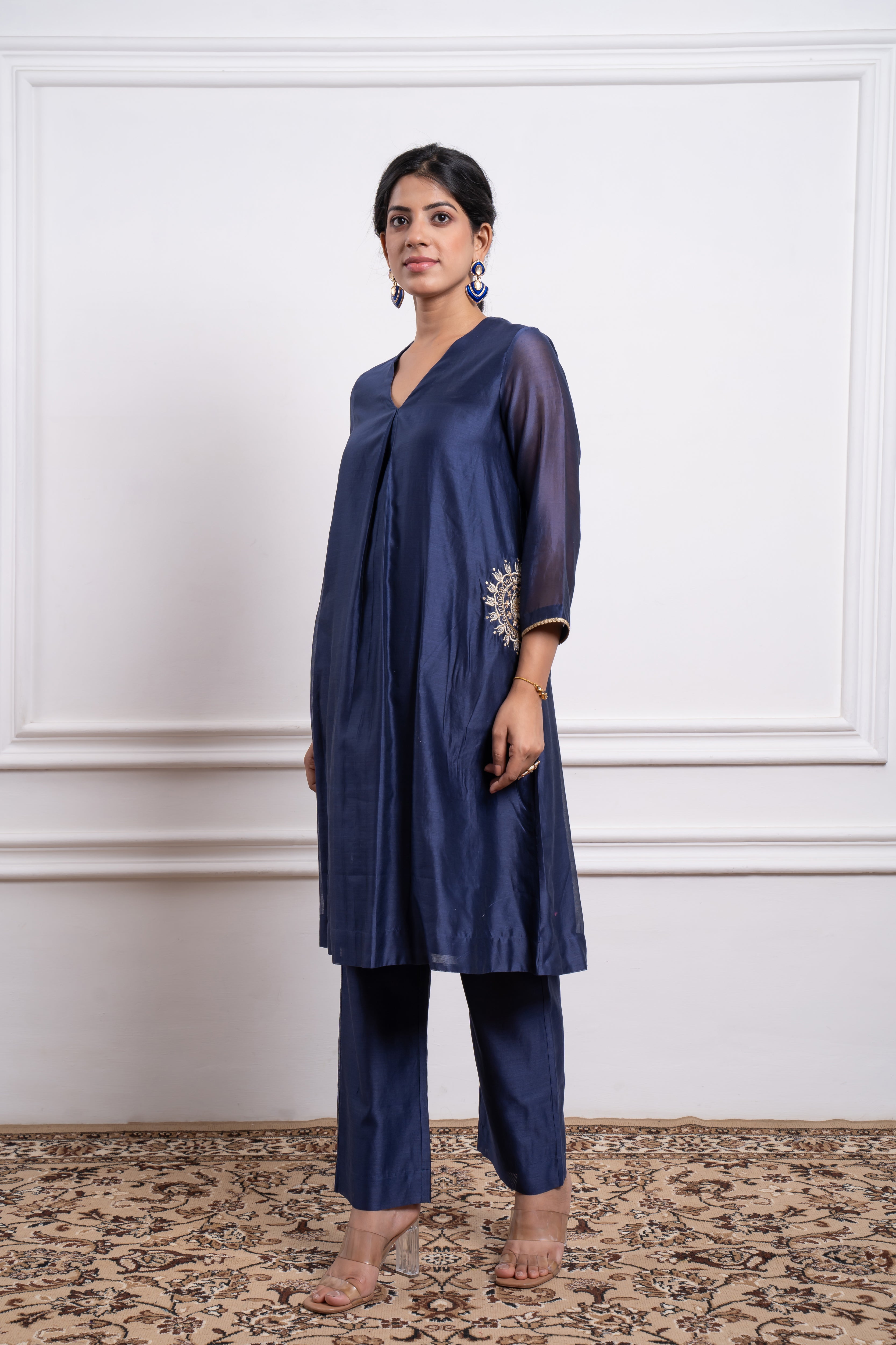 Embroidered Blue Chanderi Kurta Set with Dupatta