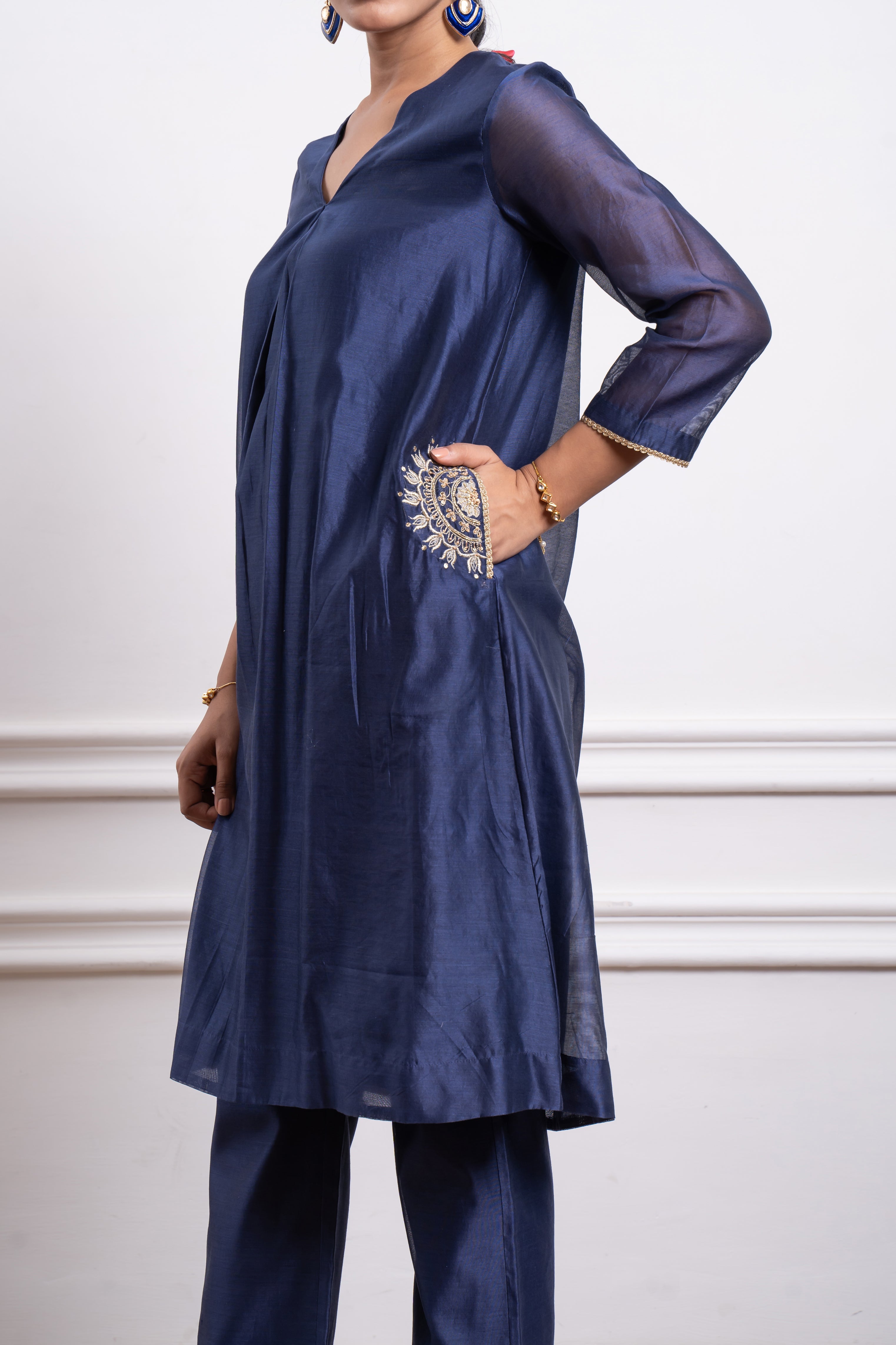 Embroidered Blue Chanderi Kurta Set with Dupatta
