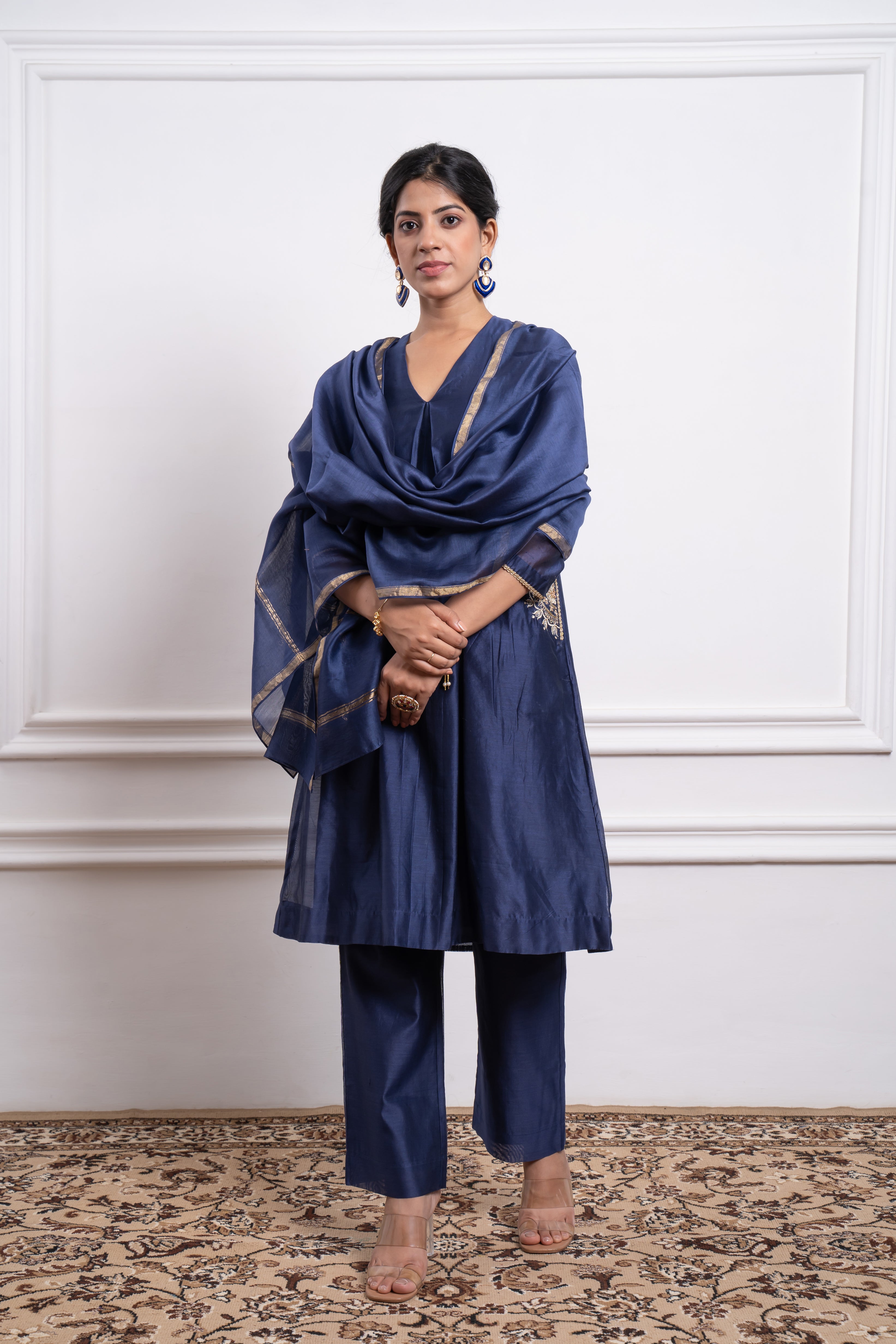 Embroidered Blue Chanderi Kurta Set with Dupatta