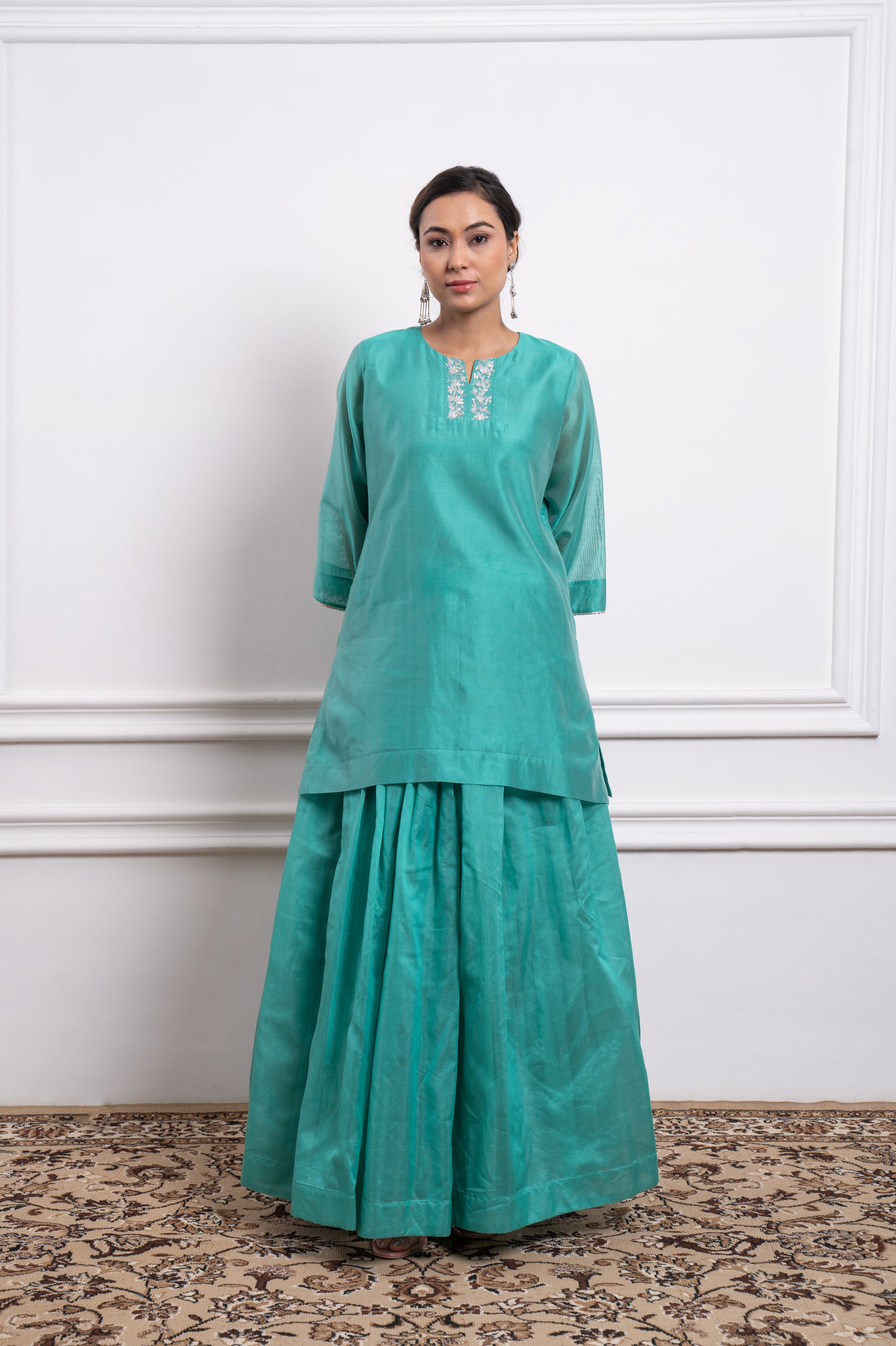 Embroidered Short Kurti & Skirt in Aqua Chanderi Handloom