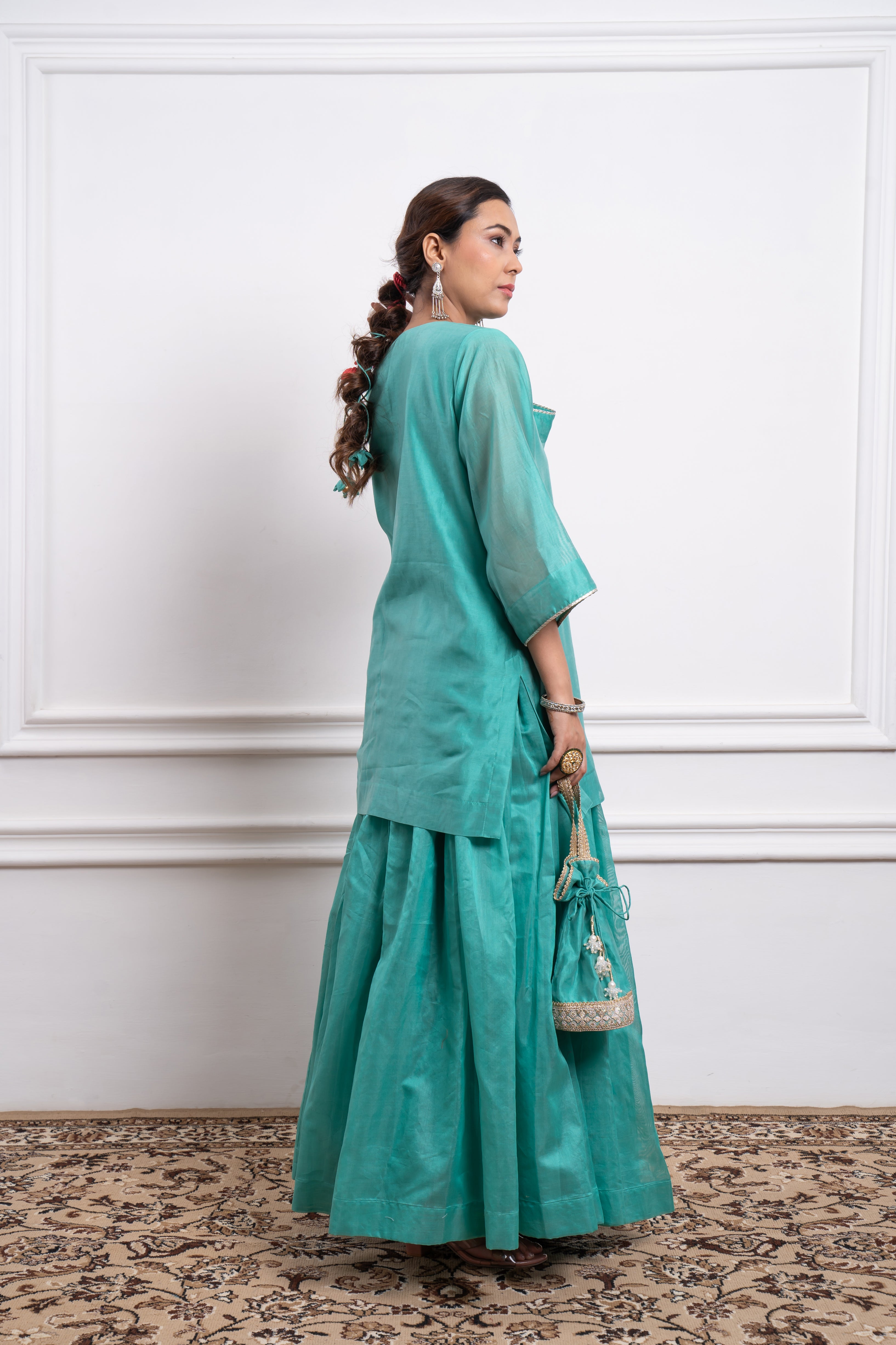 Embroidered Short Kurti & Skirt in Aqua Chanderi Handloom