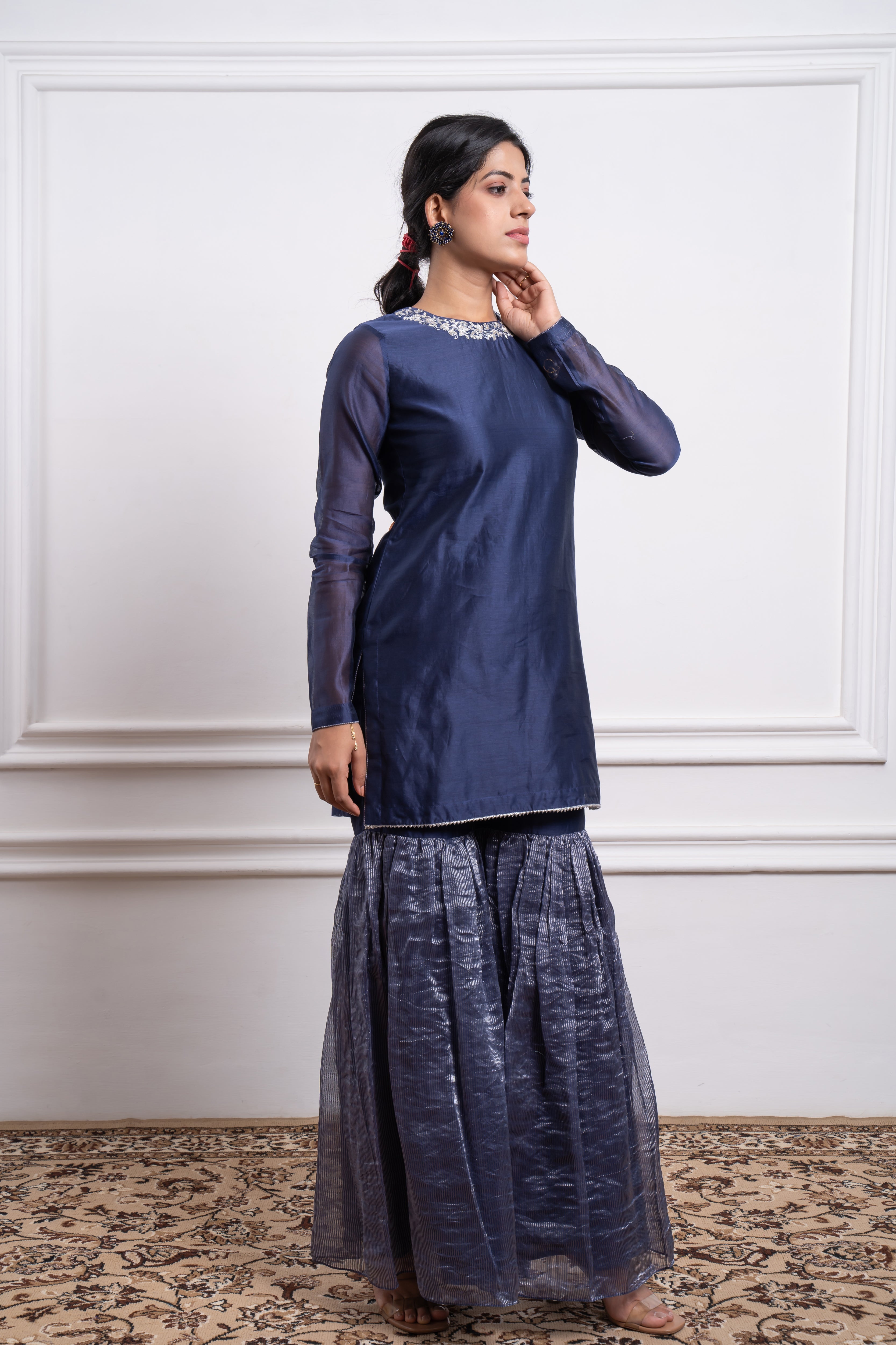 Embroidered Blue Chanderi Kurta & Gharara with Zari Stripe Dupatta