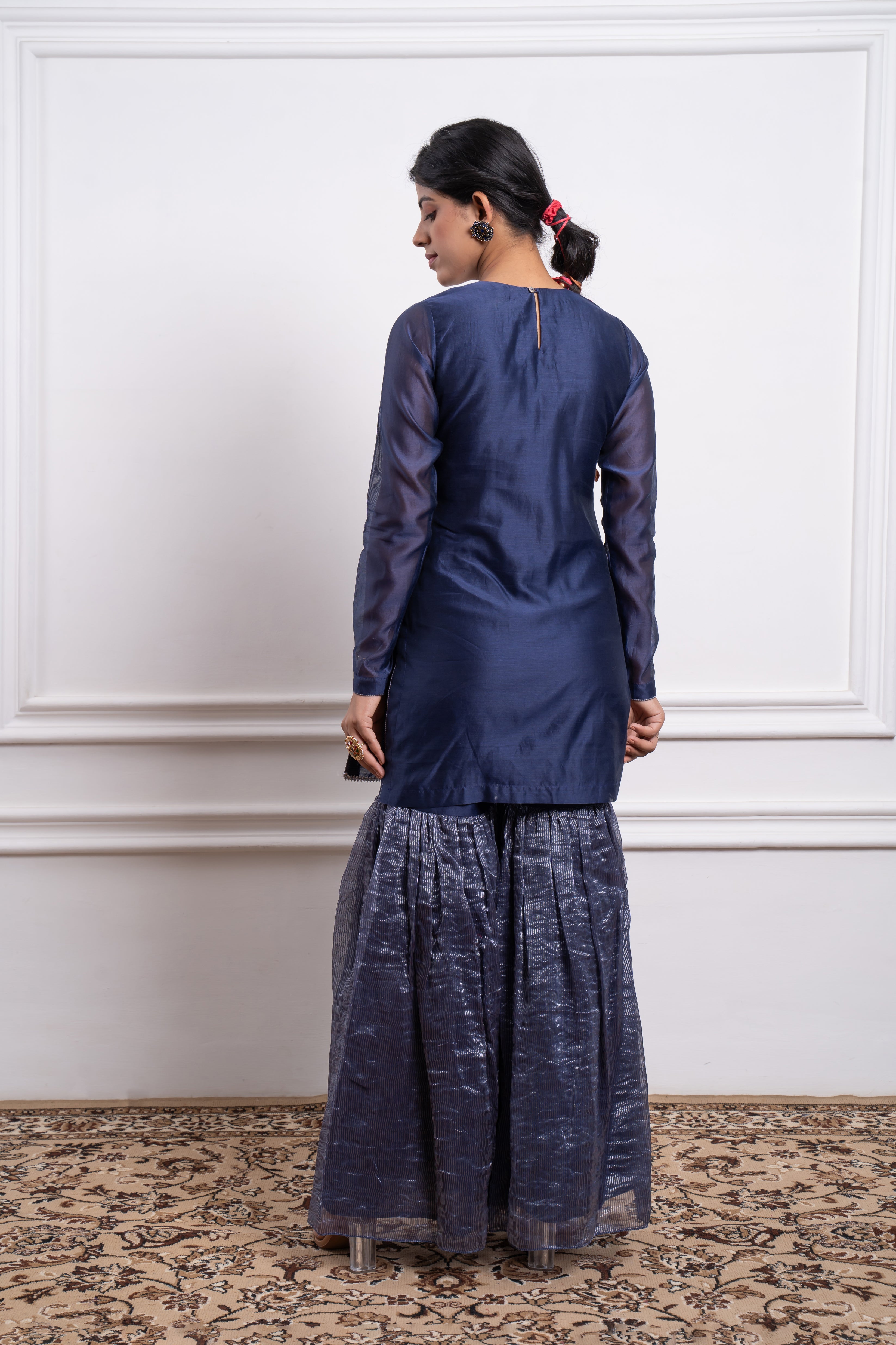 Embroidered Blue Chanderi Kurta & Gharara with Zari Stripe Dupatta