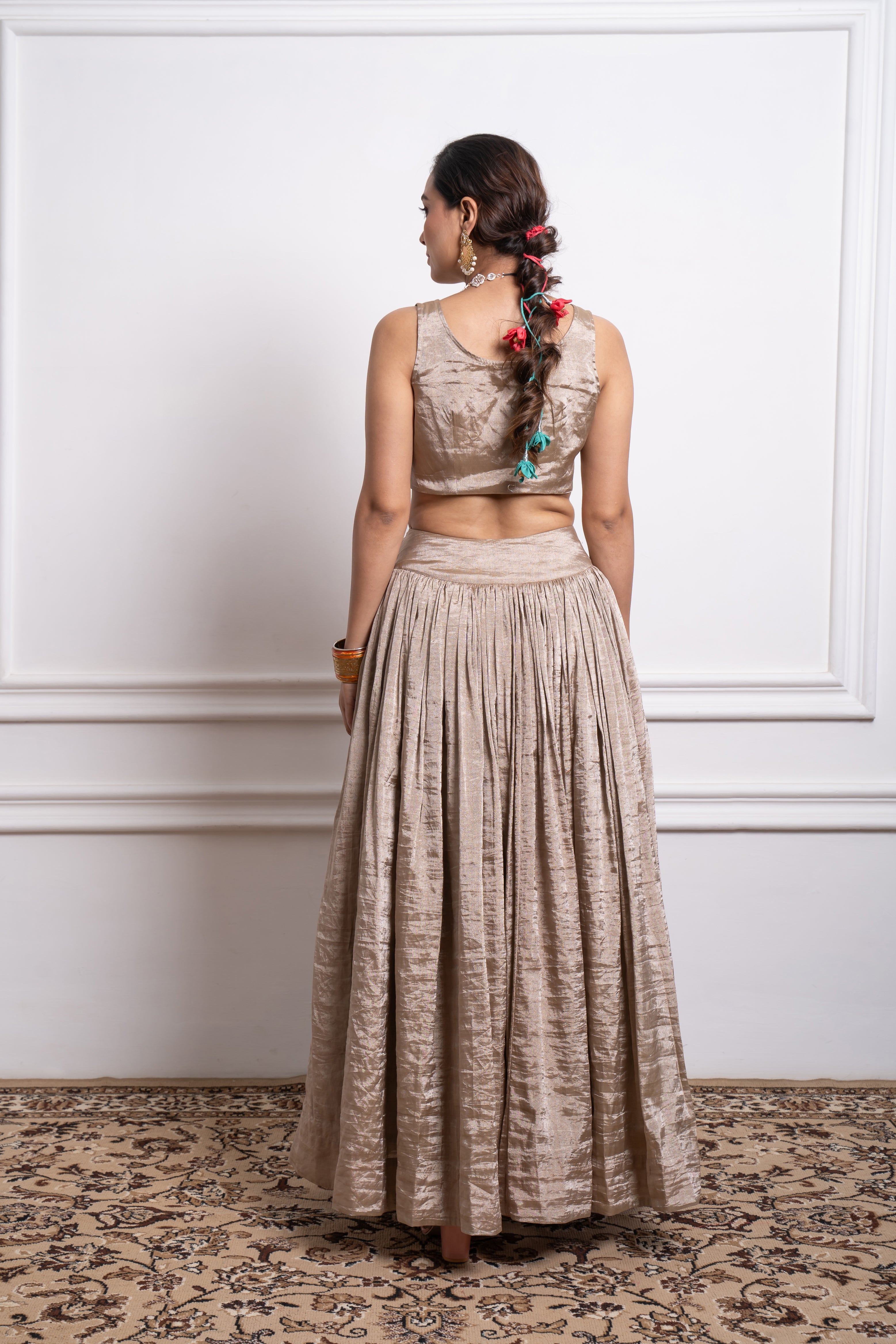 Beige Zari Lehenga Set with Color Block Dupatta in Brown and Pink Chanderi