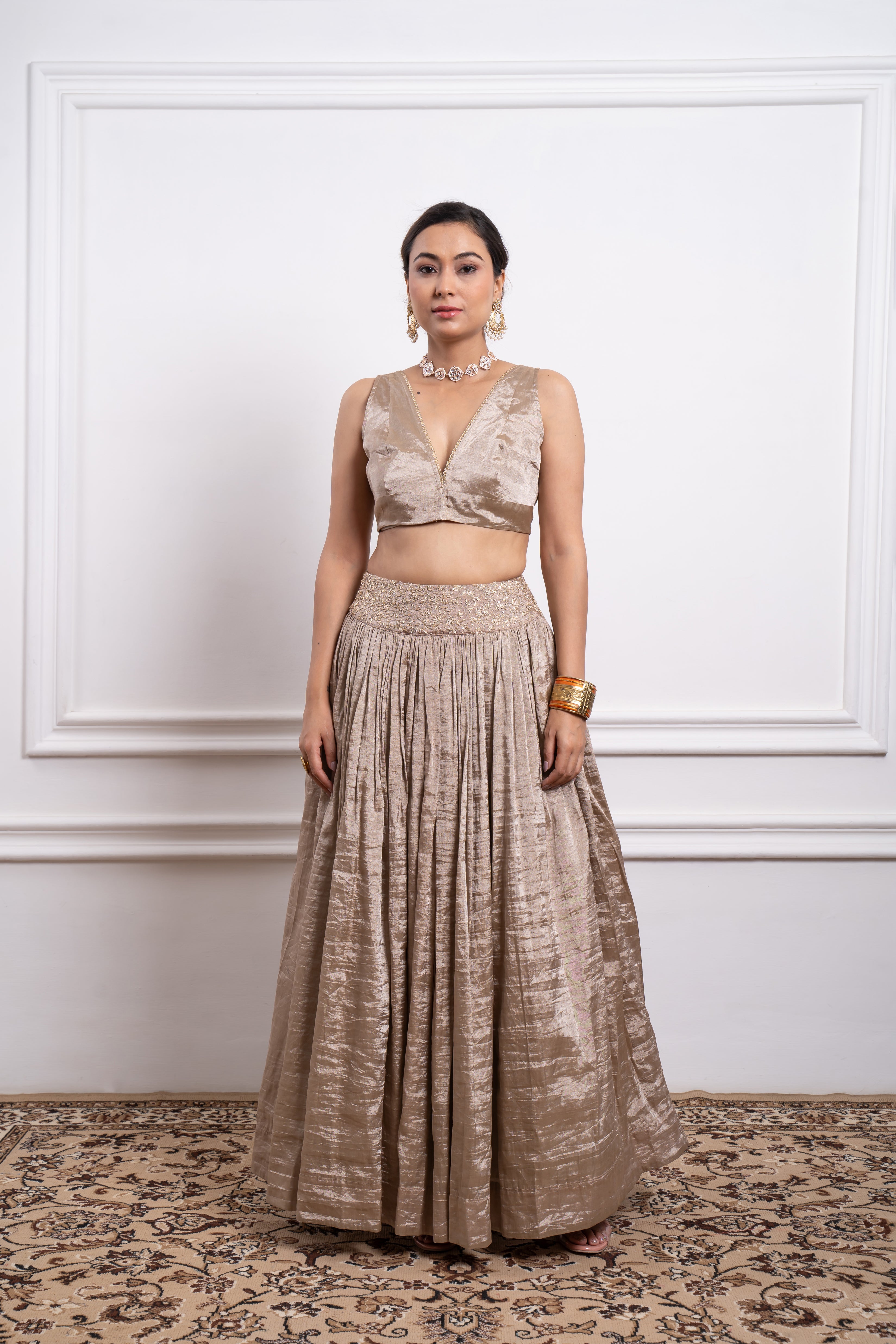 Beige Zari Lehenga Set with Color Block Dupatta in Brown and Pink Chanderi