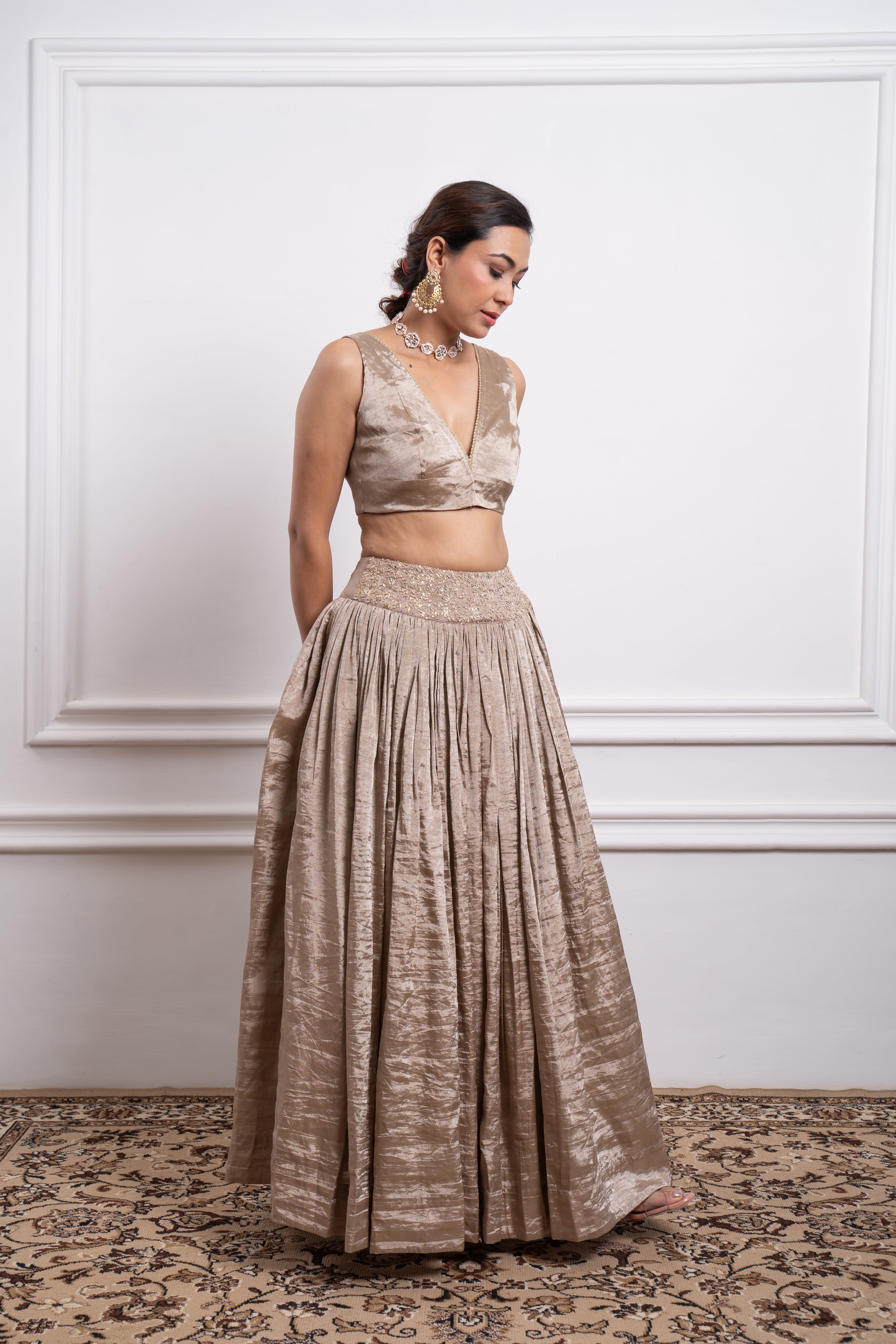 Beige Zari Lehenga Set with Color Block Dupatta in Brown and Pink Chanderi