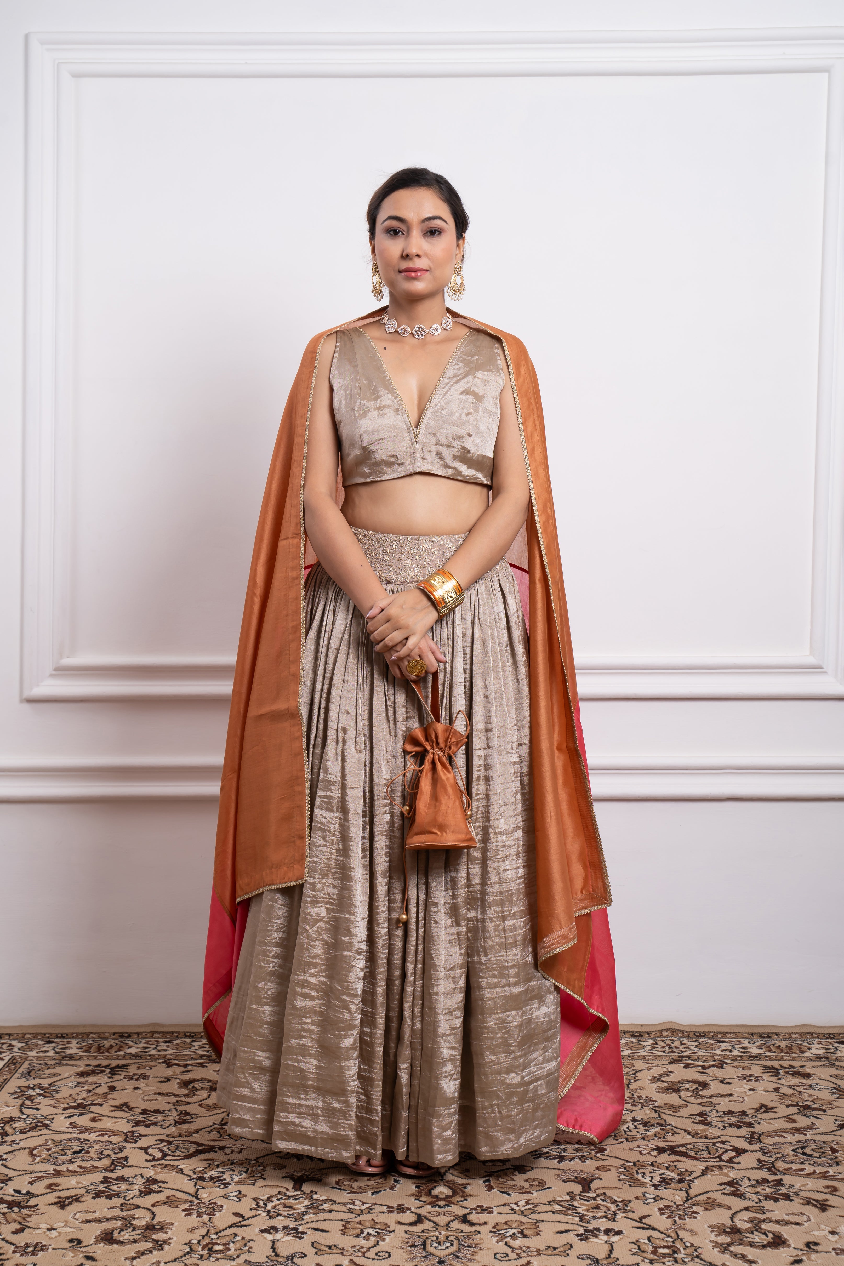 Beige Zari Lehenga Set with Color Block Dupatta in Brown and Pink Chanderi