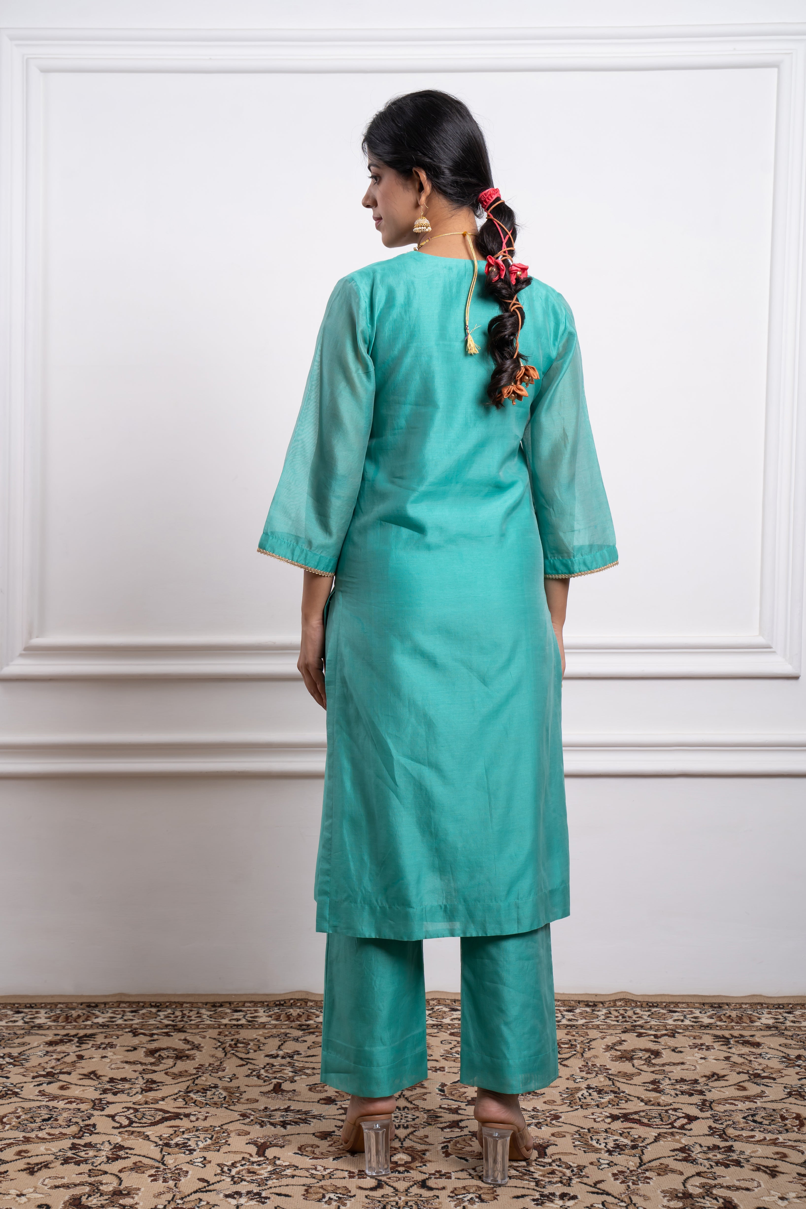 Embroidered Straight Kurta with Pants and Dupatta in Aqua Chanderi Handloom