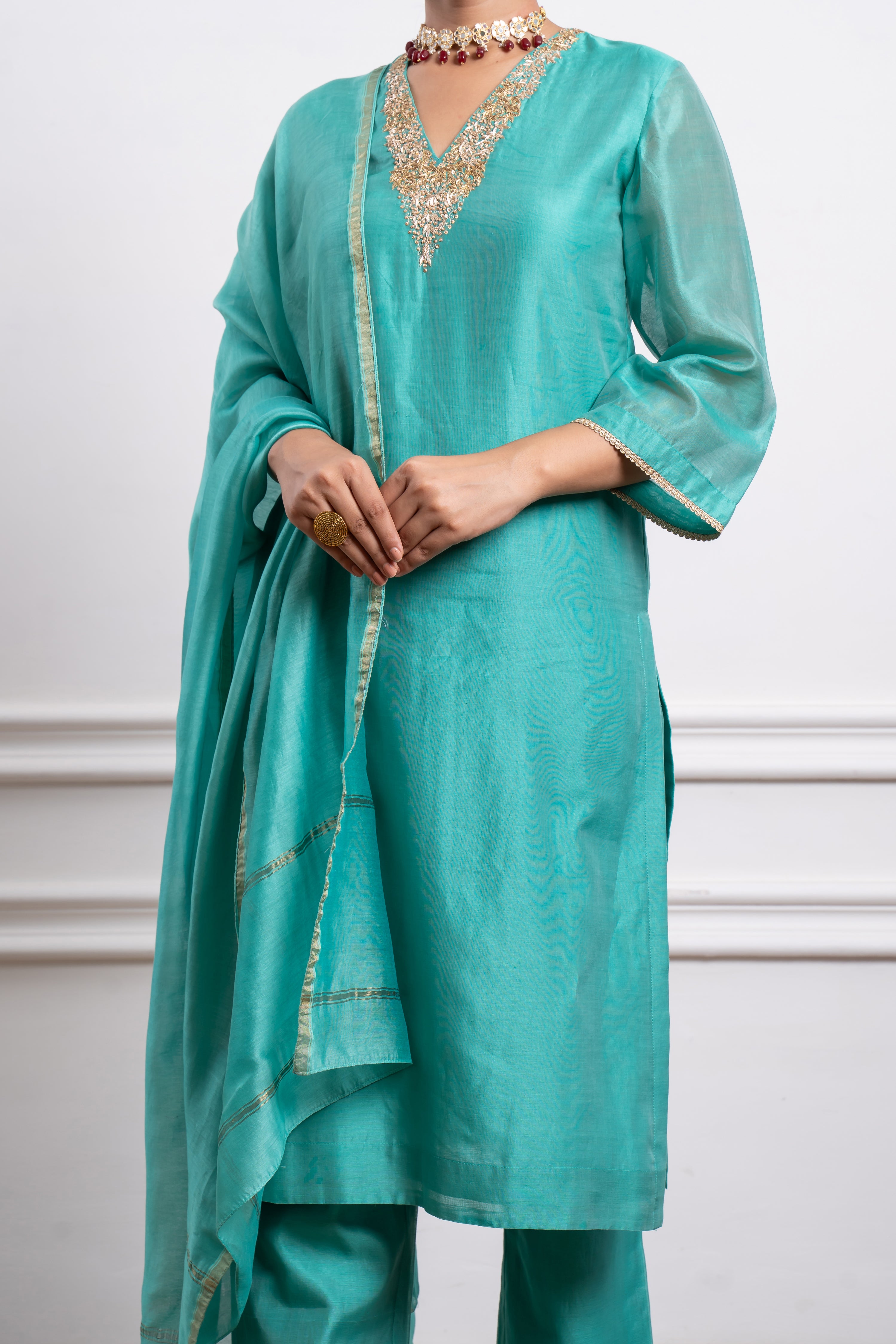 Embroidered Straight Kurta with Pants and Dupatta in Aqua Chanderi Handloom