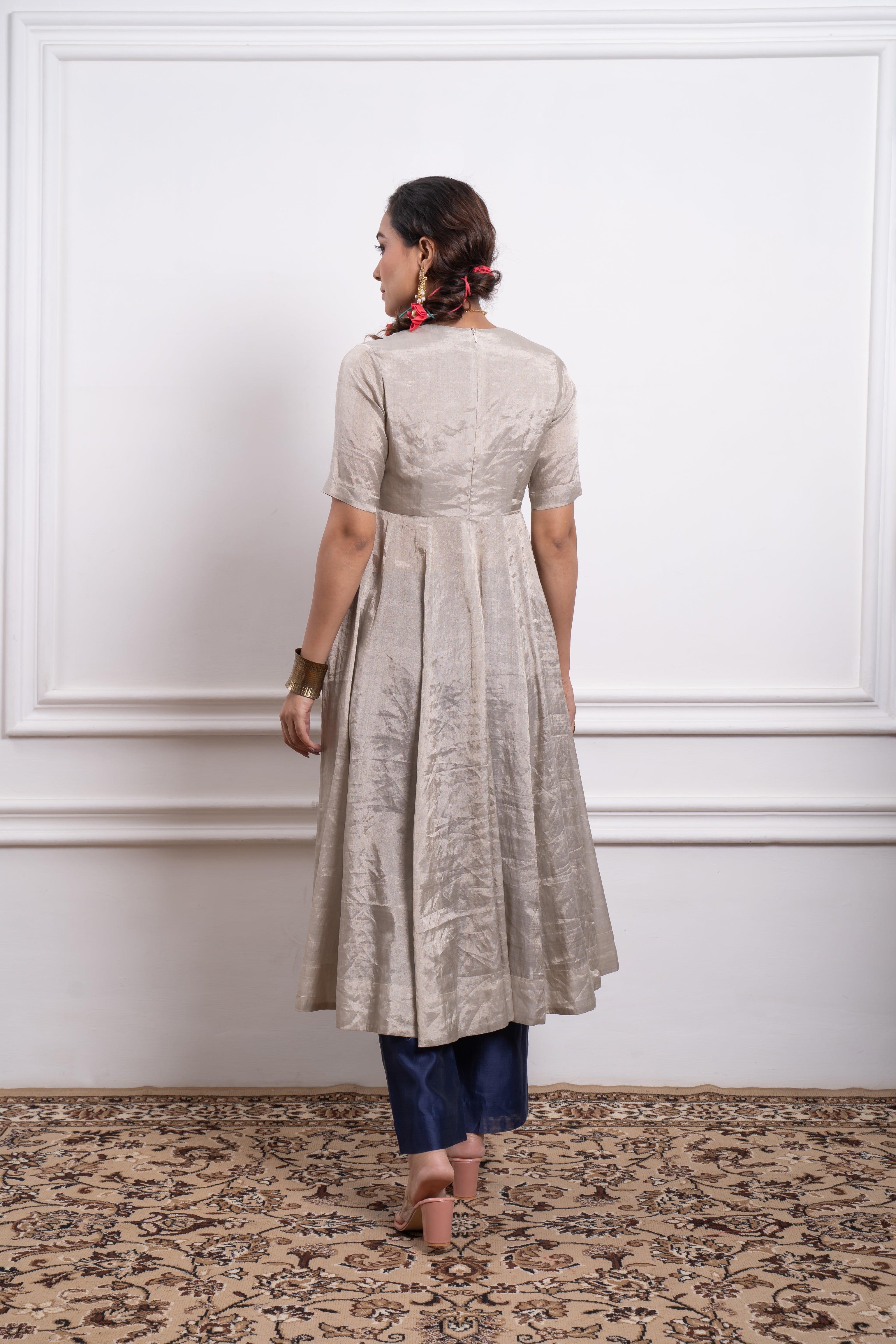 Silver Zari Anarkali, Pants and Blue  Silver Stripes Dupatta in Chanderi Handloom