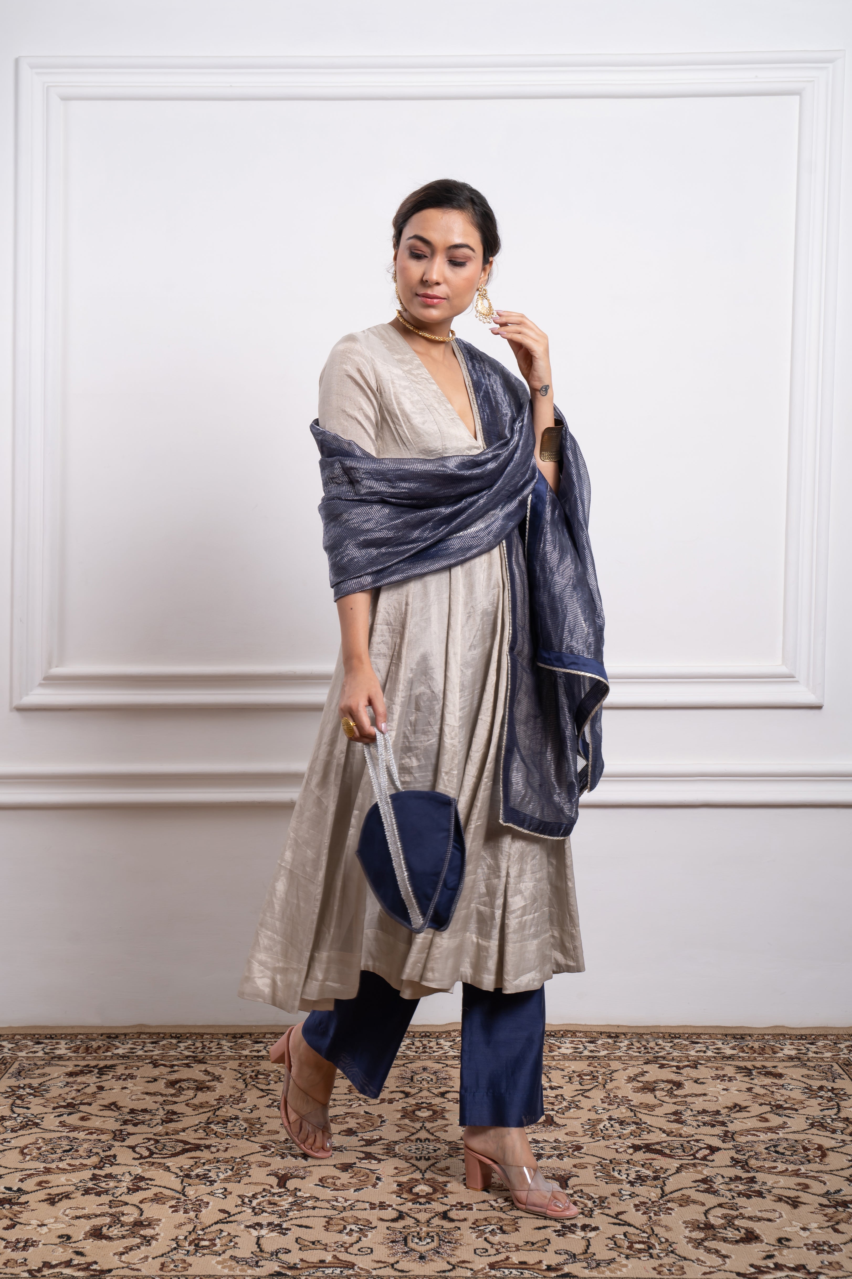 Silver Zari Anarkali, Pants and Blue  Silver Stripes Dupatta in Chanderi Handloom