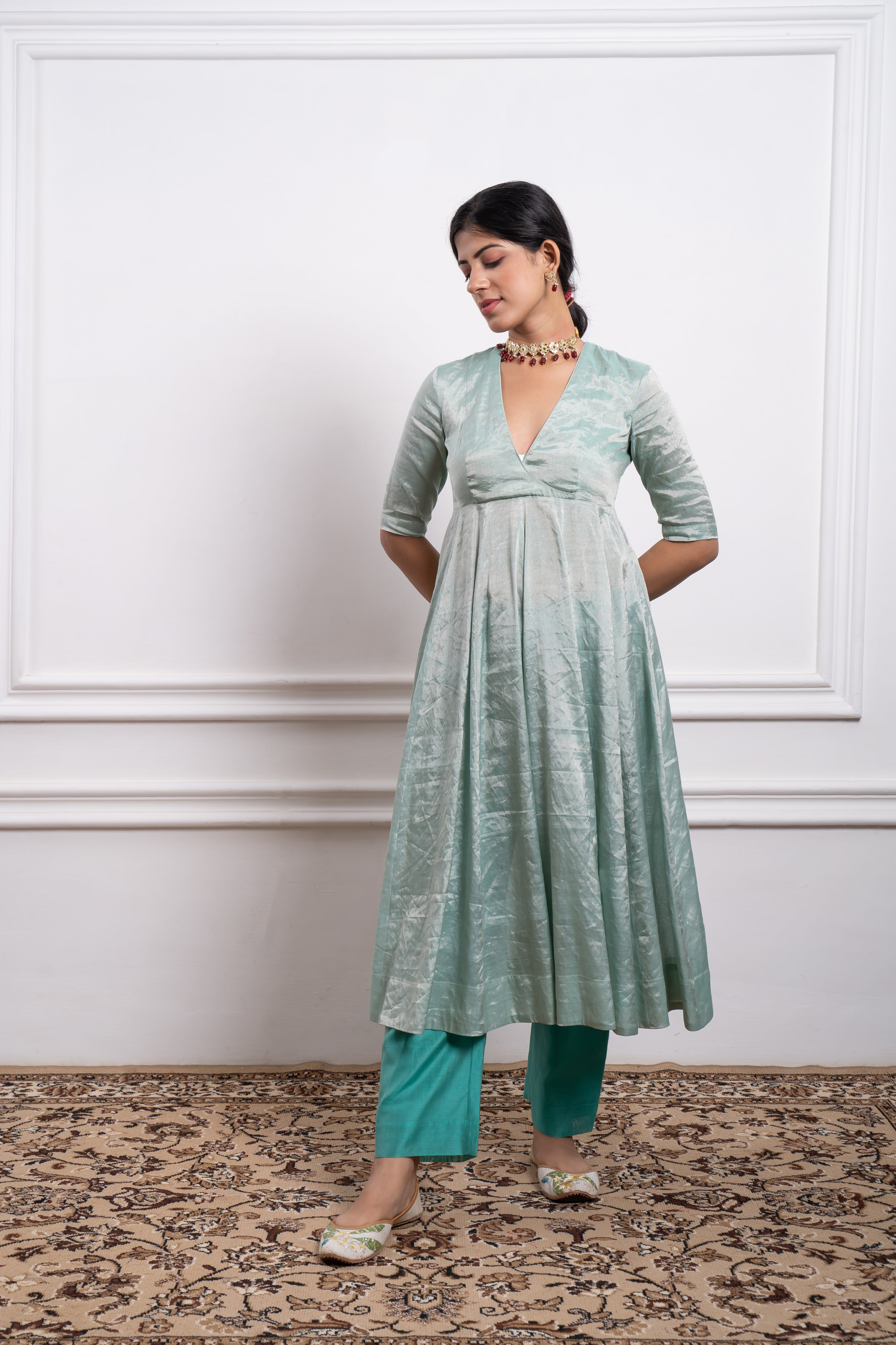 Mint Zari Anarkali with Aqua Pants and Dupatta in Chanderi Handloom