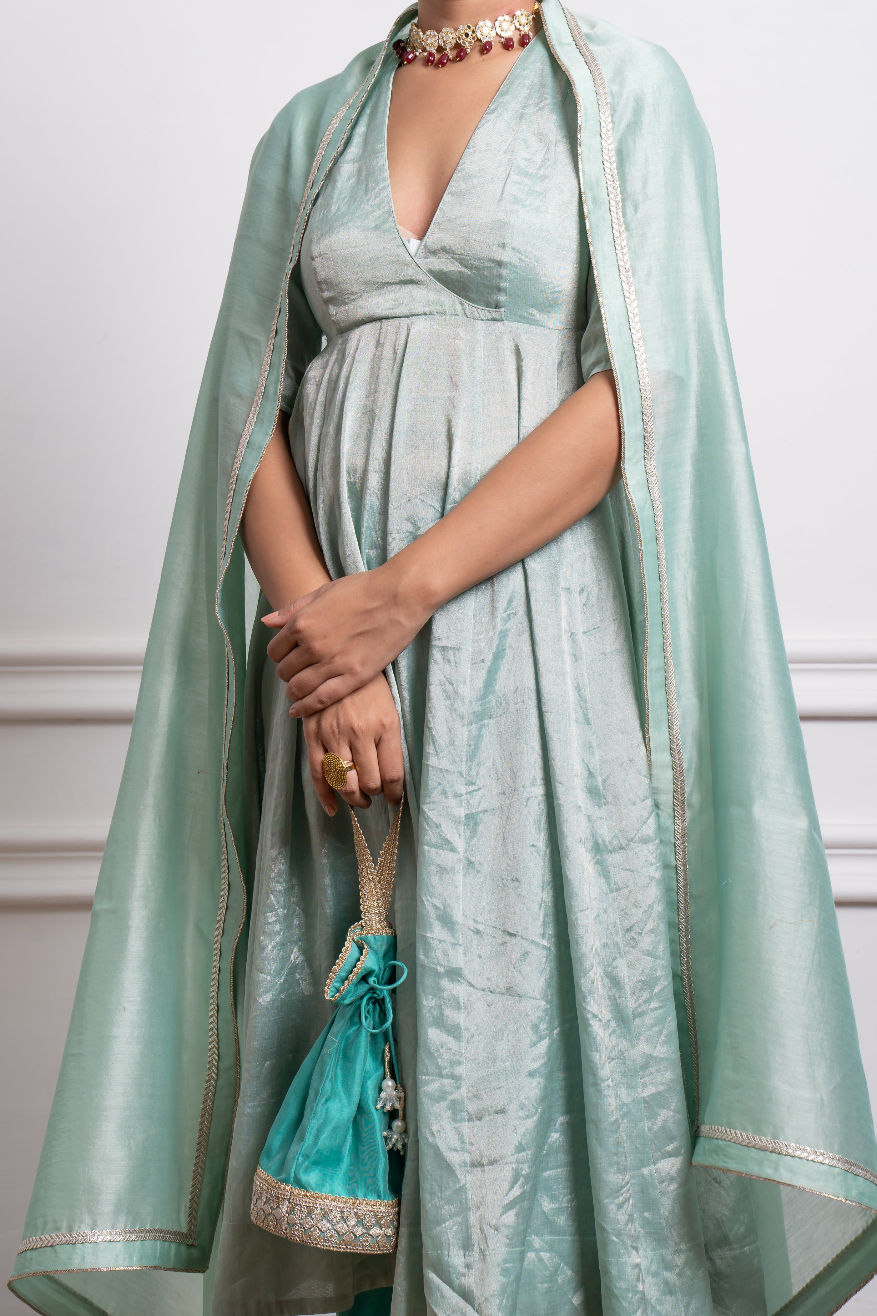Mint Zari Anarkali with Aqua Pants and Dupatta in Chanderi Handloom