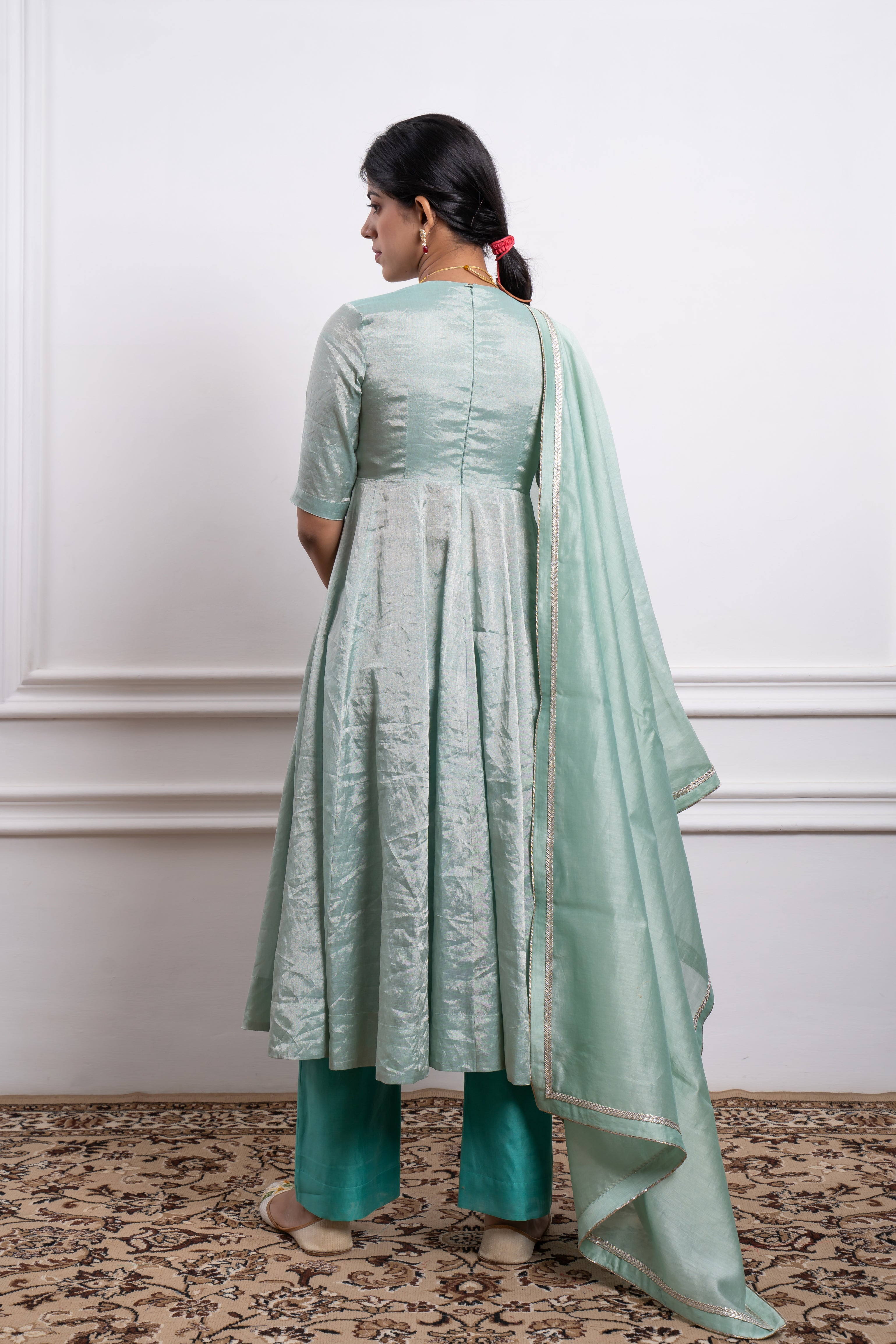 Mint Zari Anarkali with Aqua Pants and Dupatta in Chanderi Handloom