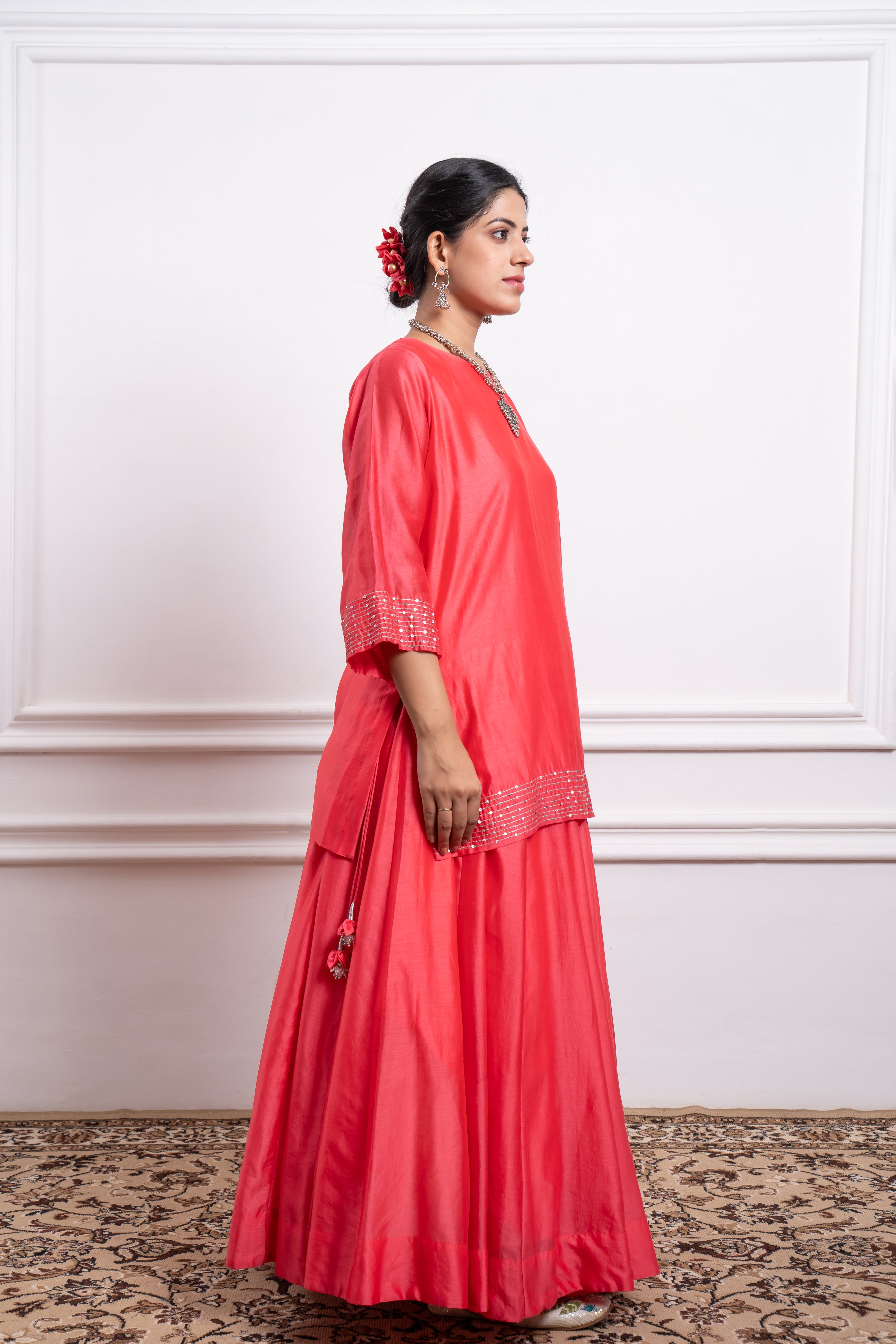 Pink Skirt with Short Kurta in Chanderi Handloom