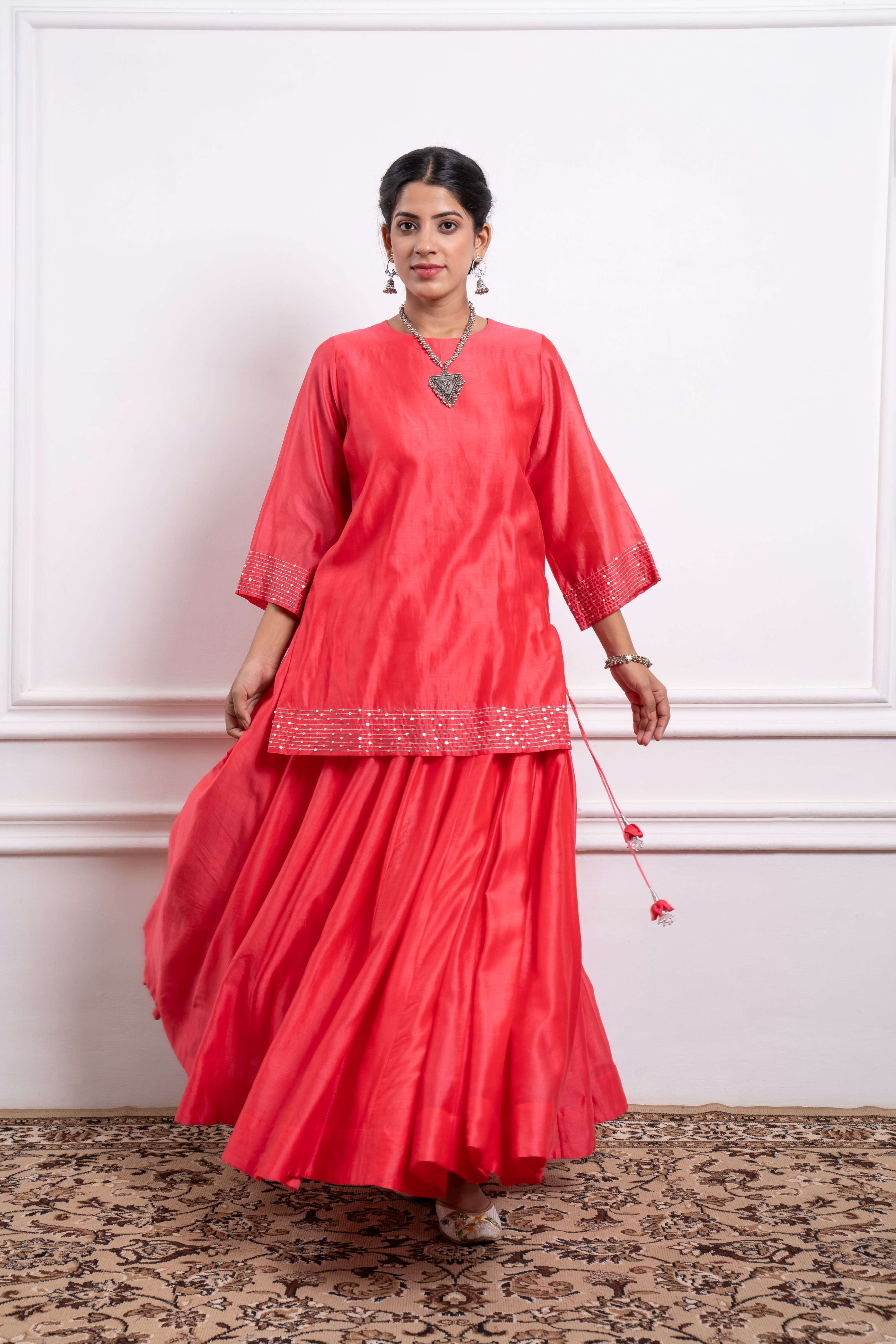 Pink Skirt with Short Kurta in Chanderi Handloom